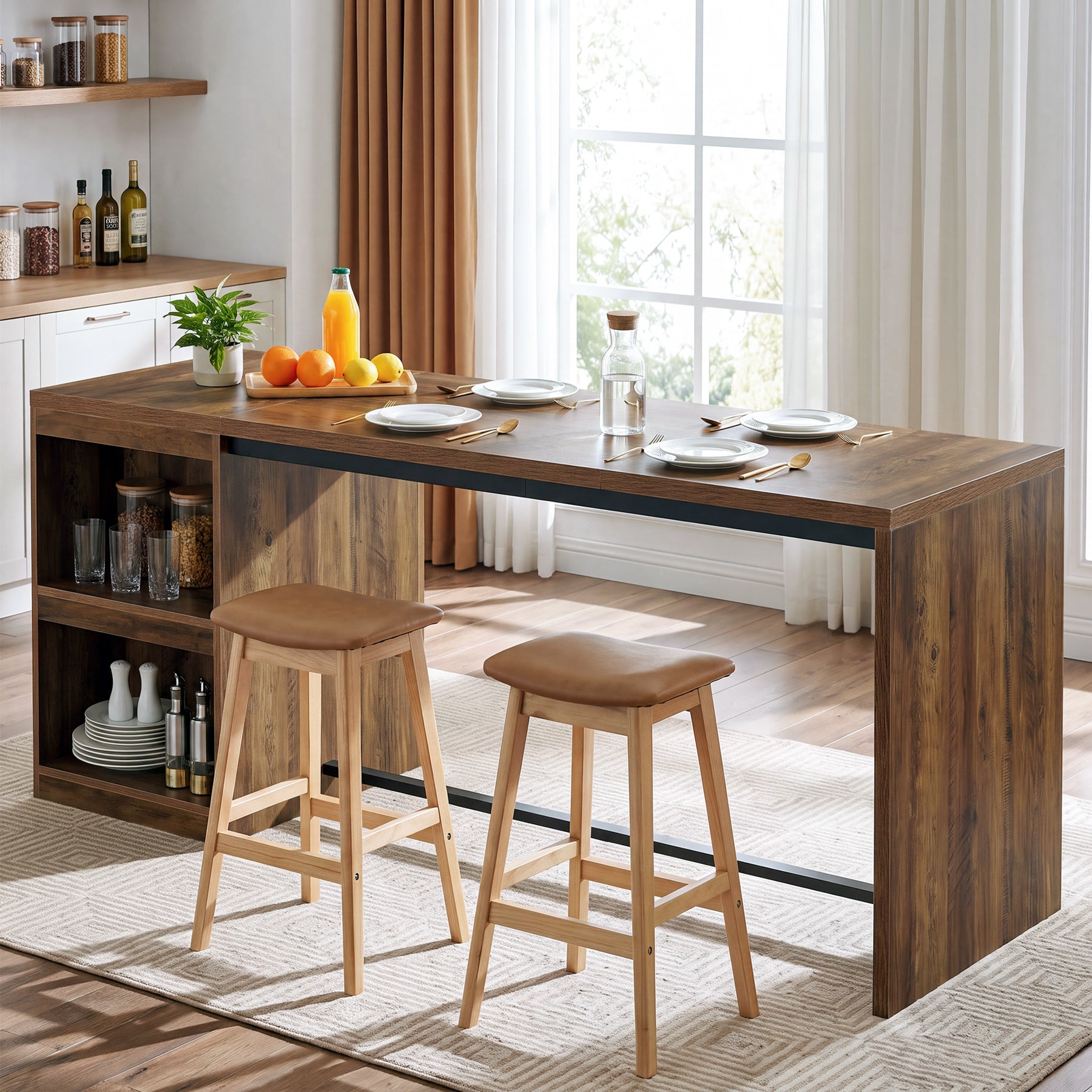 78.74" Kitchen Island, Counter Height Island Table with 2 Shelves & Mini Fridge Space