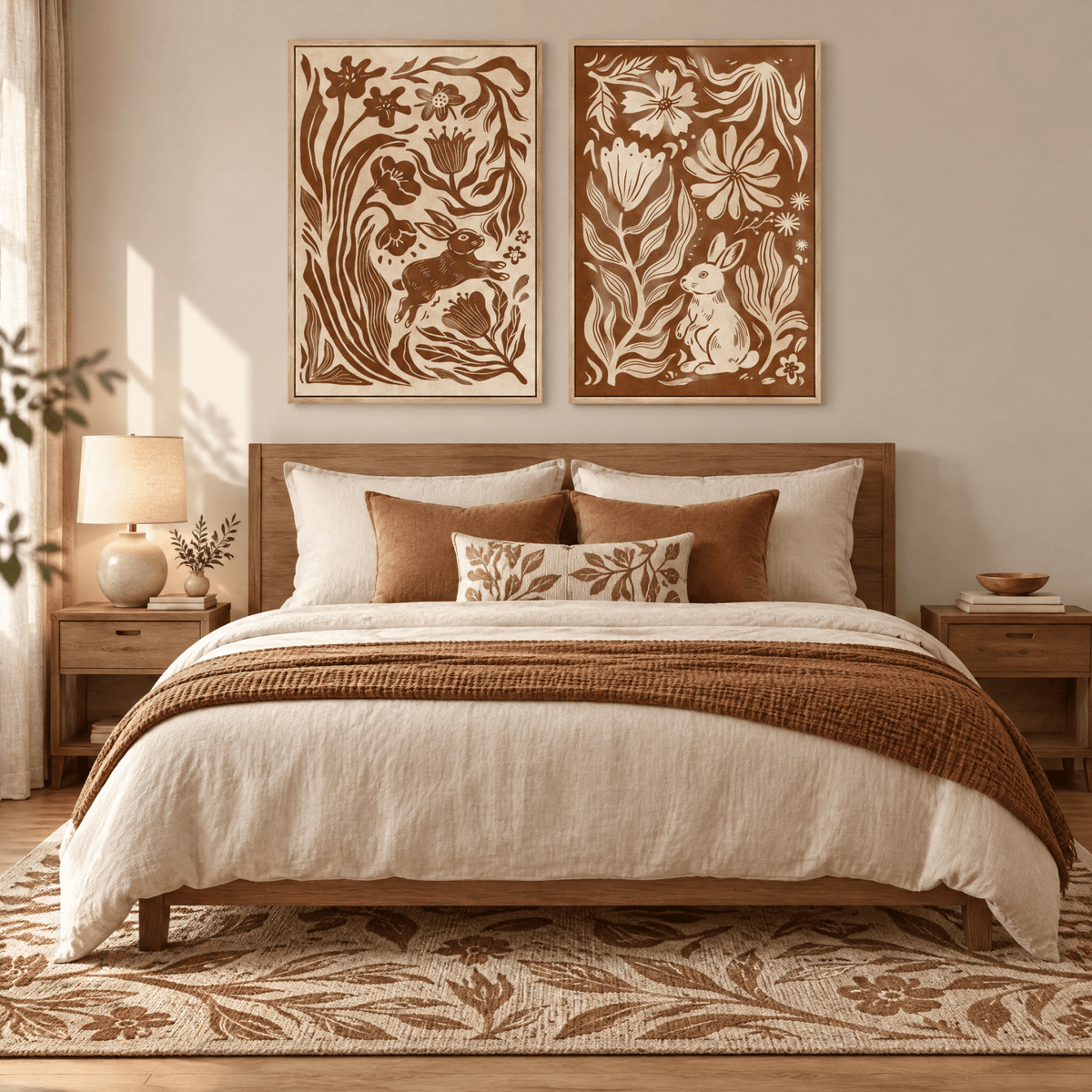 Tribesigns 2-Piece Modern Boho Rabbit Wall Art, Earthy Floral Framed Canvas Prints