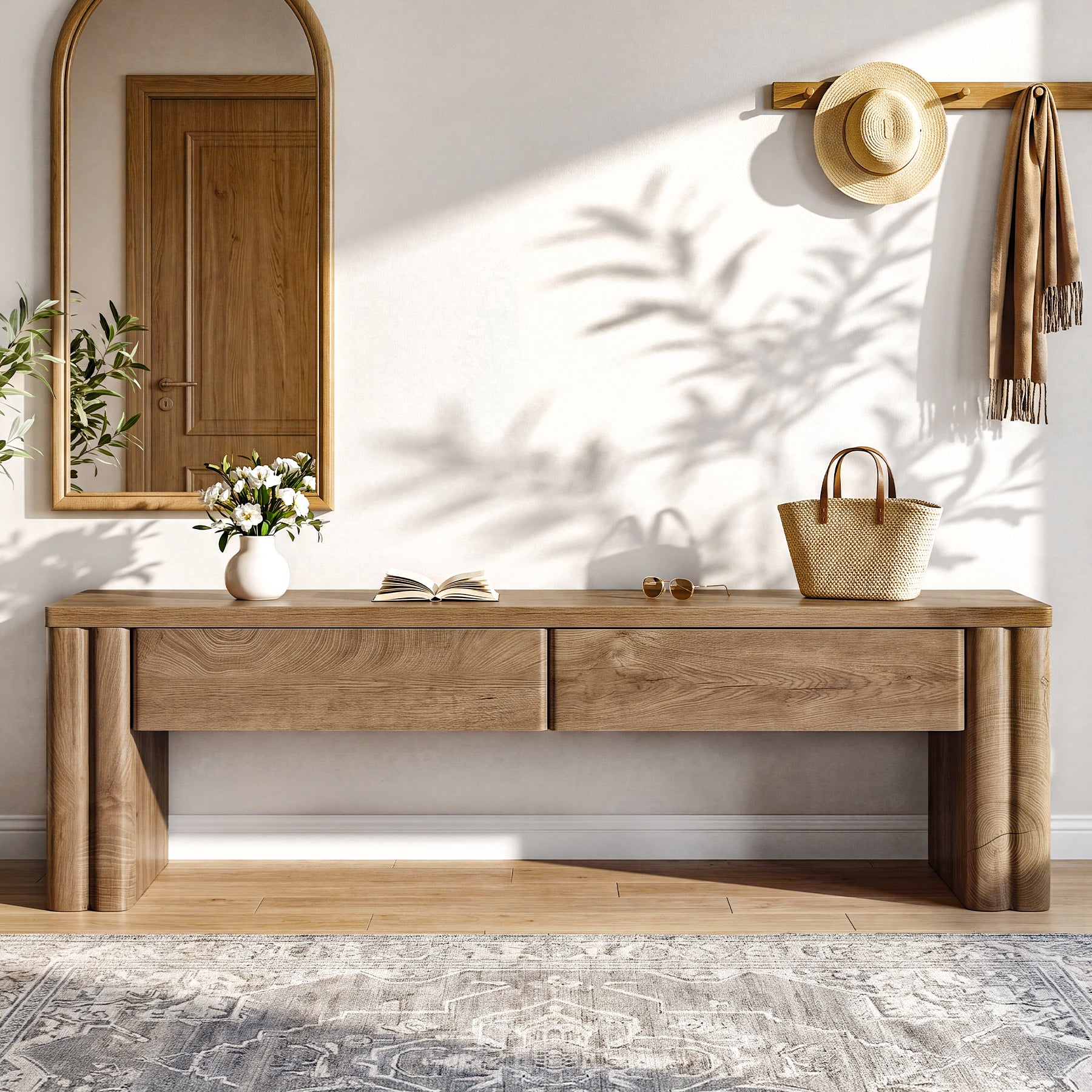 55" Entryway Bench with 2 Storage Drawers, Modern End of Bed Bench with Thick Legs