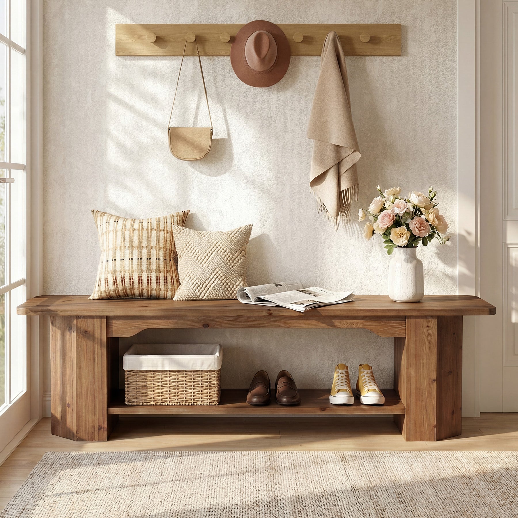 Tribesigns 63" Solid Wood Entryway Bench, Long Shoe Bench for Hallway