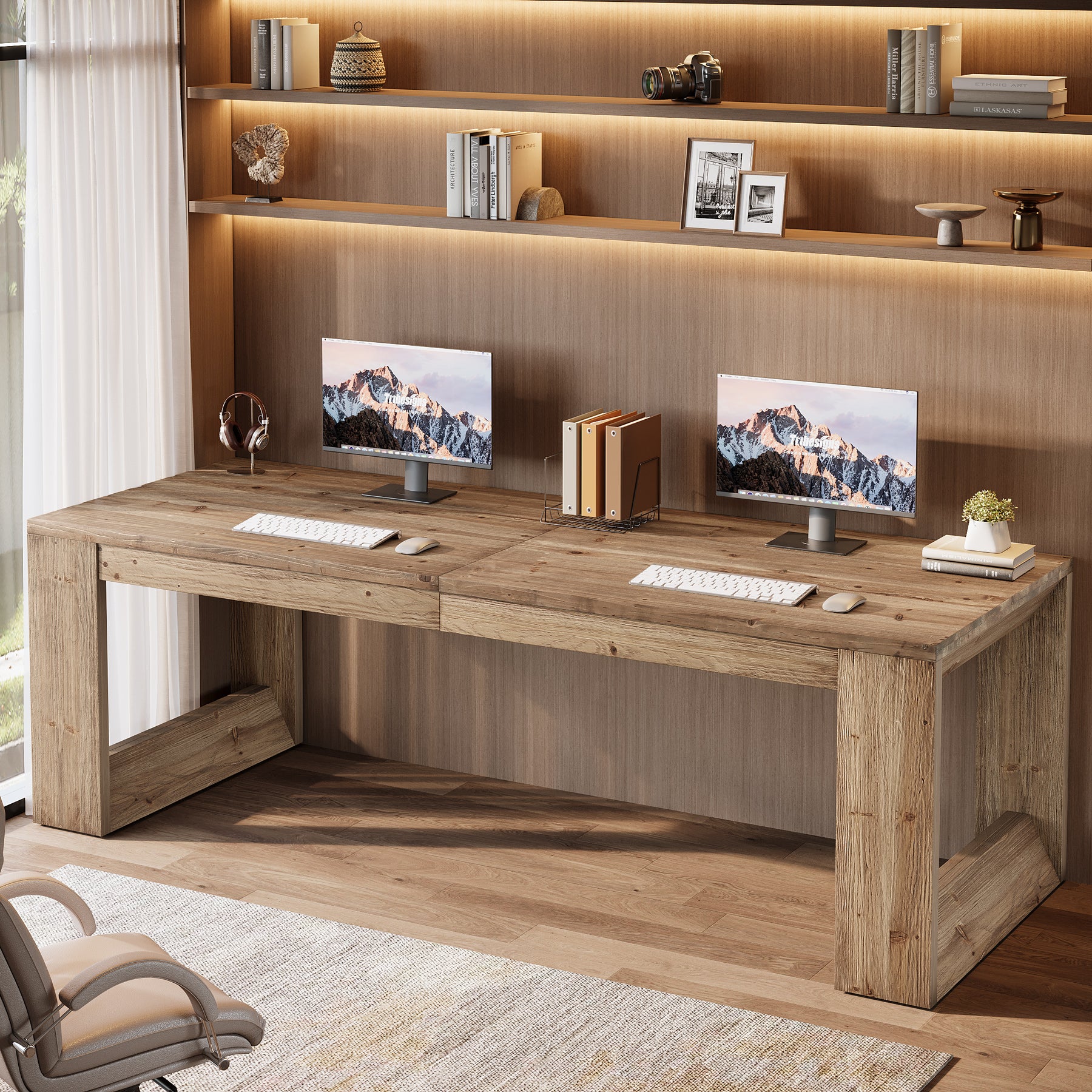 86.6" Two Person Desk, Farmhouse Solid Wood Computer Desk for Home Office