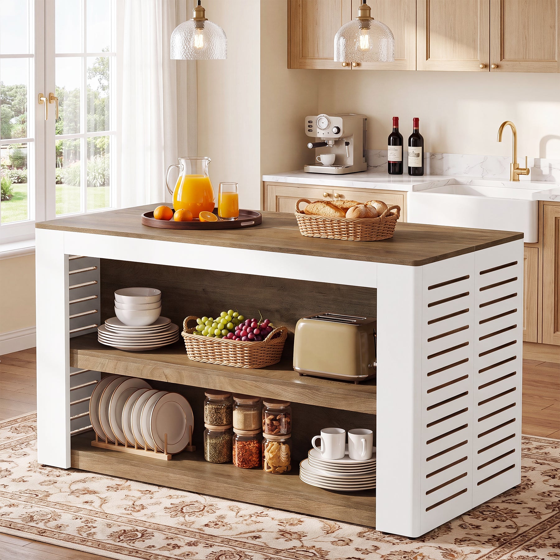 55" Farmhouse Kitchen Island, 3-Tier Wooden Stationary Island Table for Kitchen