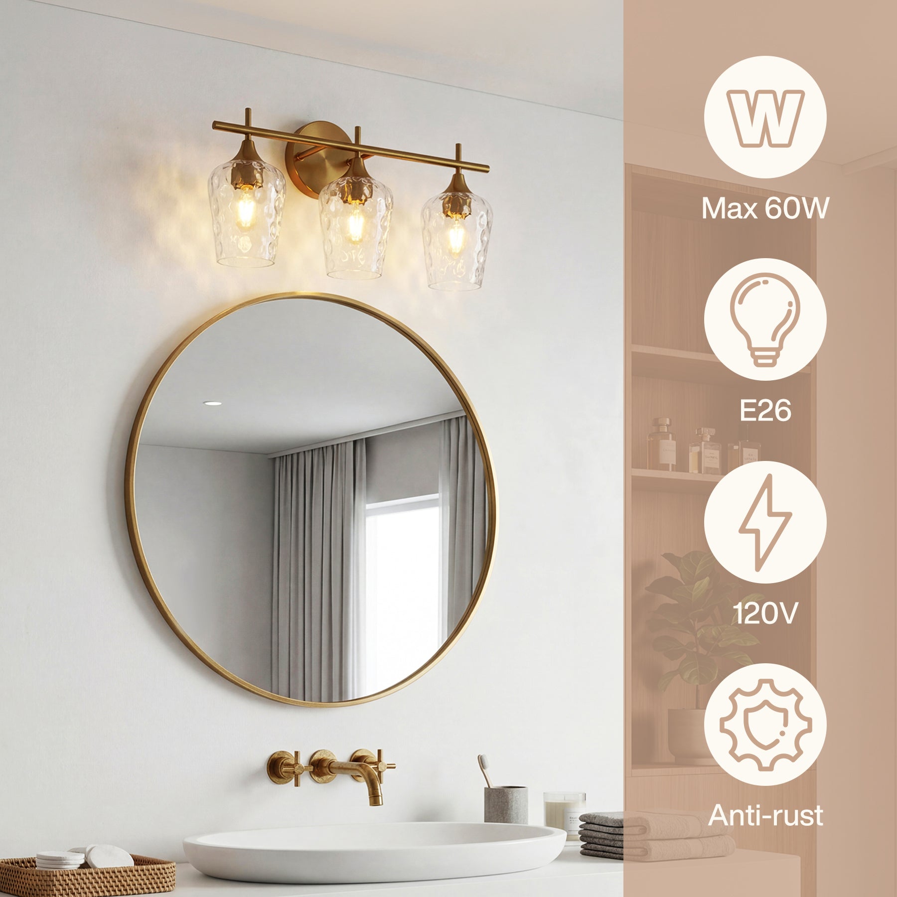 3-Light Bathroom Vanity Light, Modern Wall Sconce with Water Ripple Clear Glass Shades