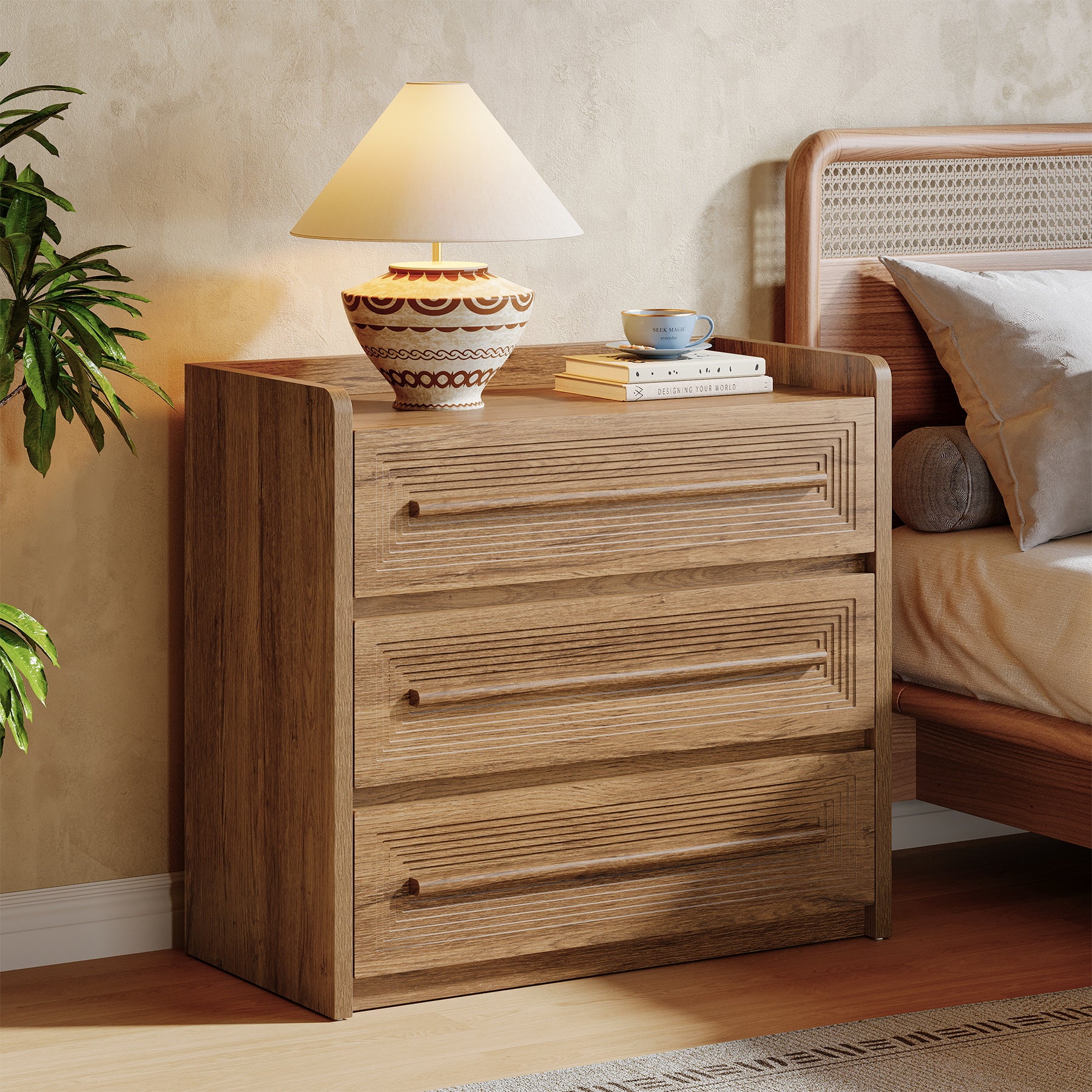 3-Drawer Nightstand, 32" Large Bedside Table Oversized End Table