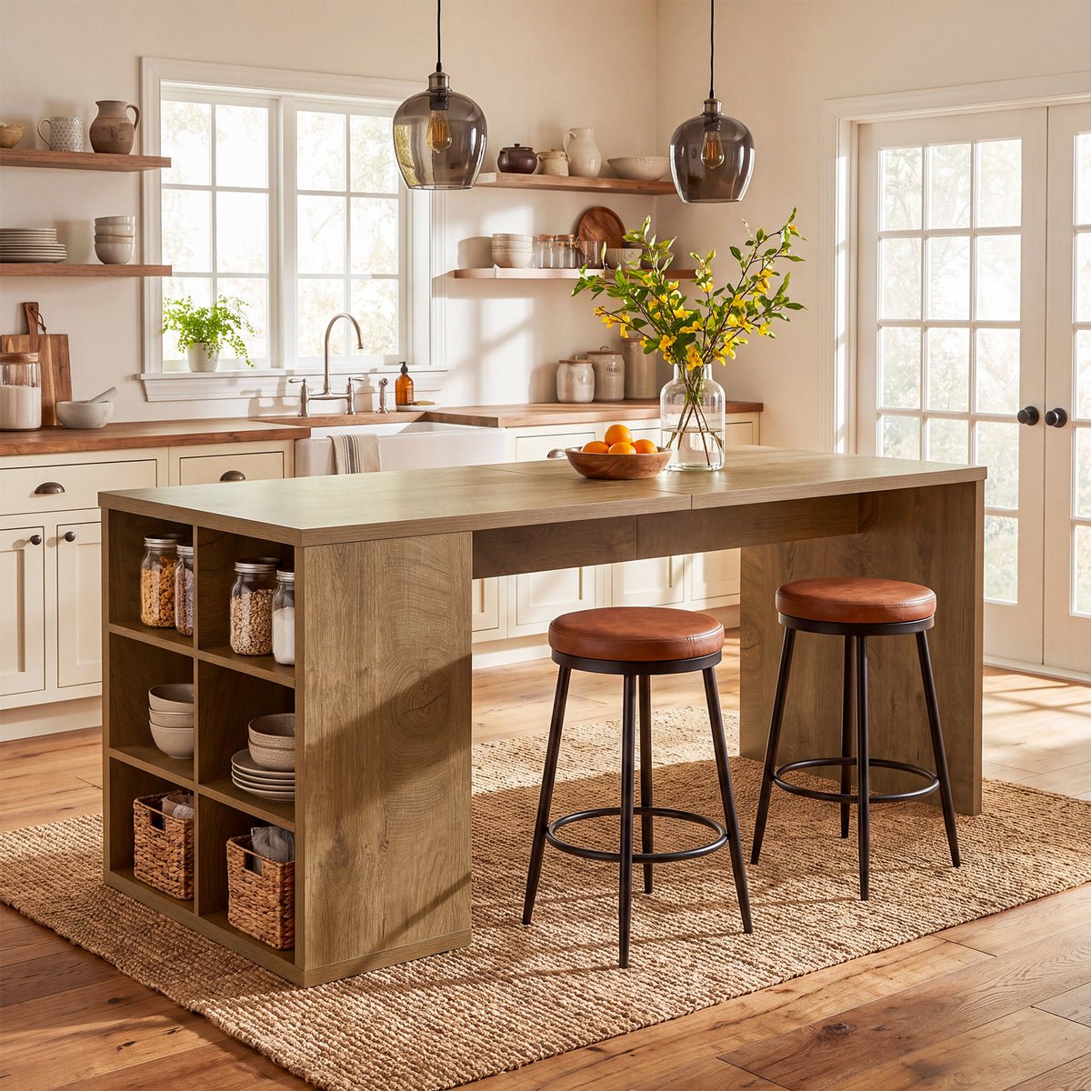 63" Kitchen Island, Rectangular Stationary Storage Island Table with Open-Sided Shelves
