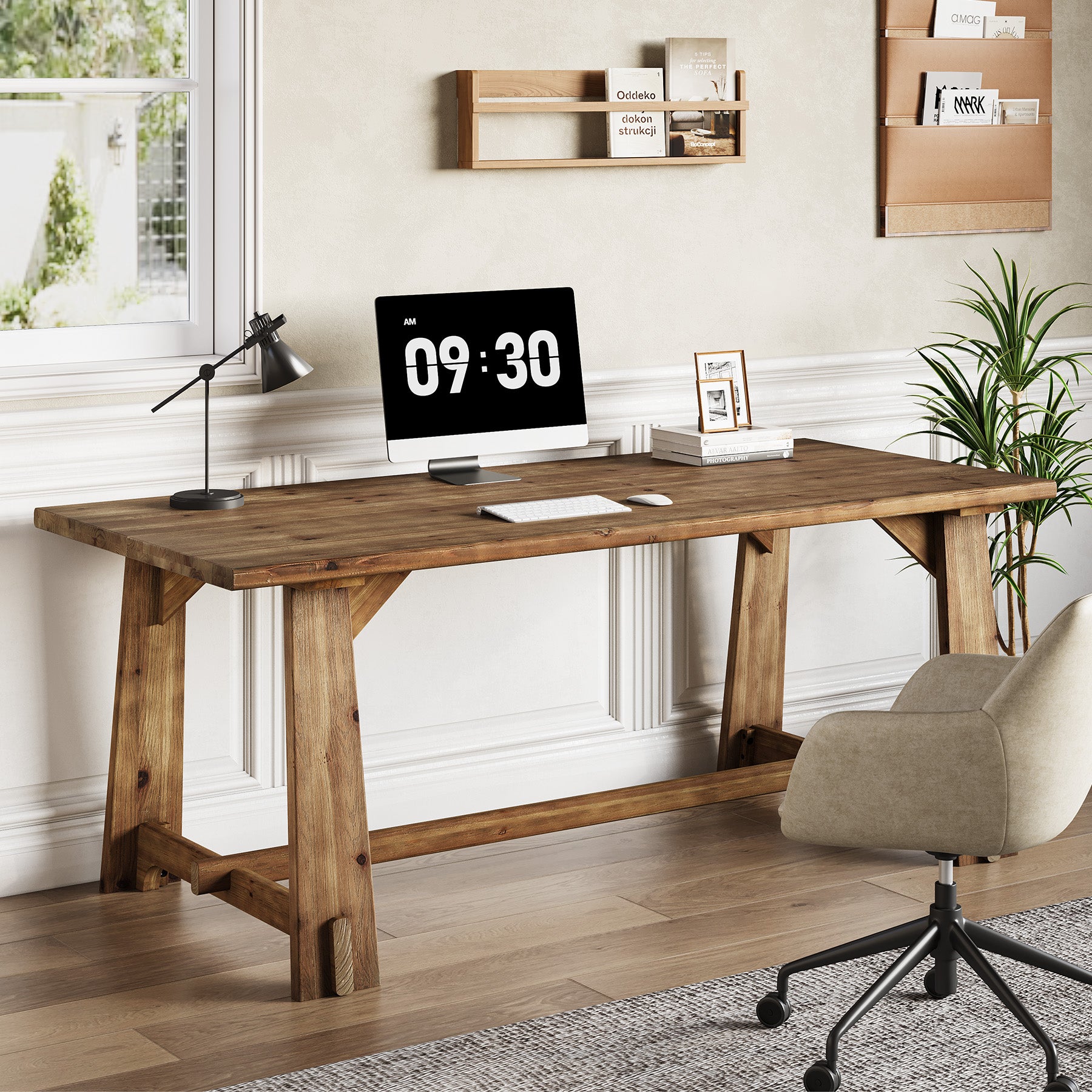 63" Solid Wood Office Desk, Farmhouse Executive Computer Desk with Large Work Surface
