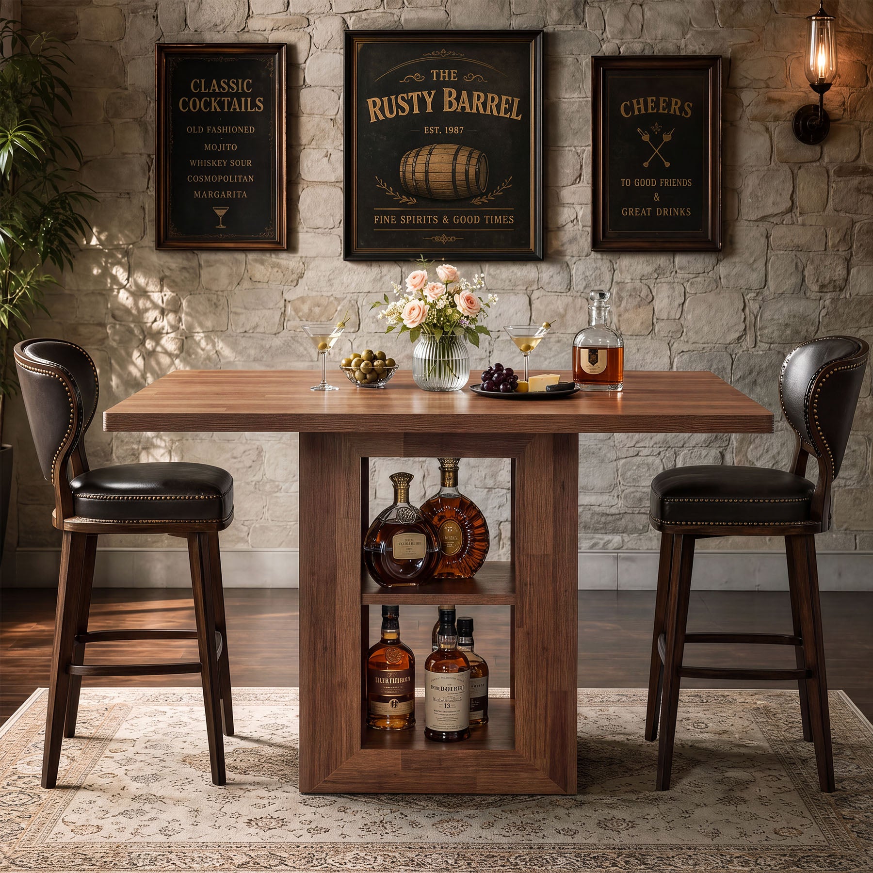 47" Square Counter Height Bar Table, Mid-Century Thick Pedestal Base, Storage, Pub Table
