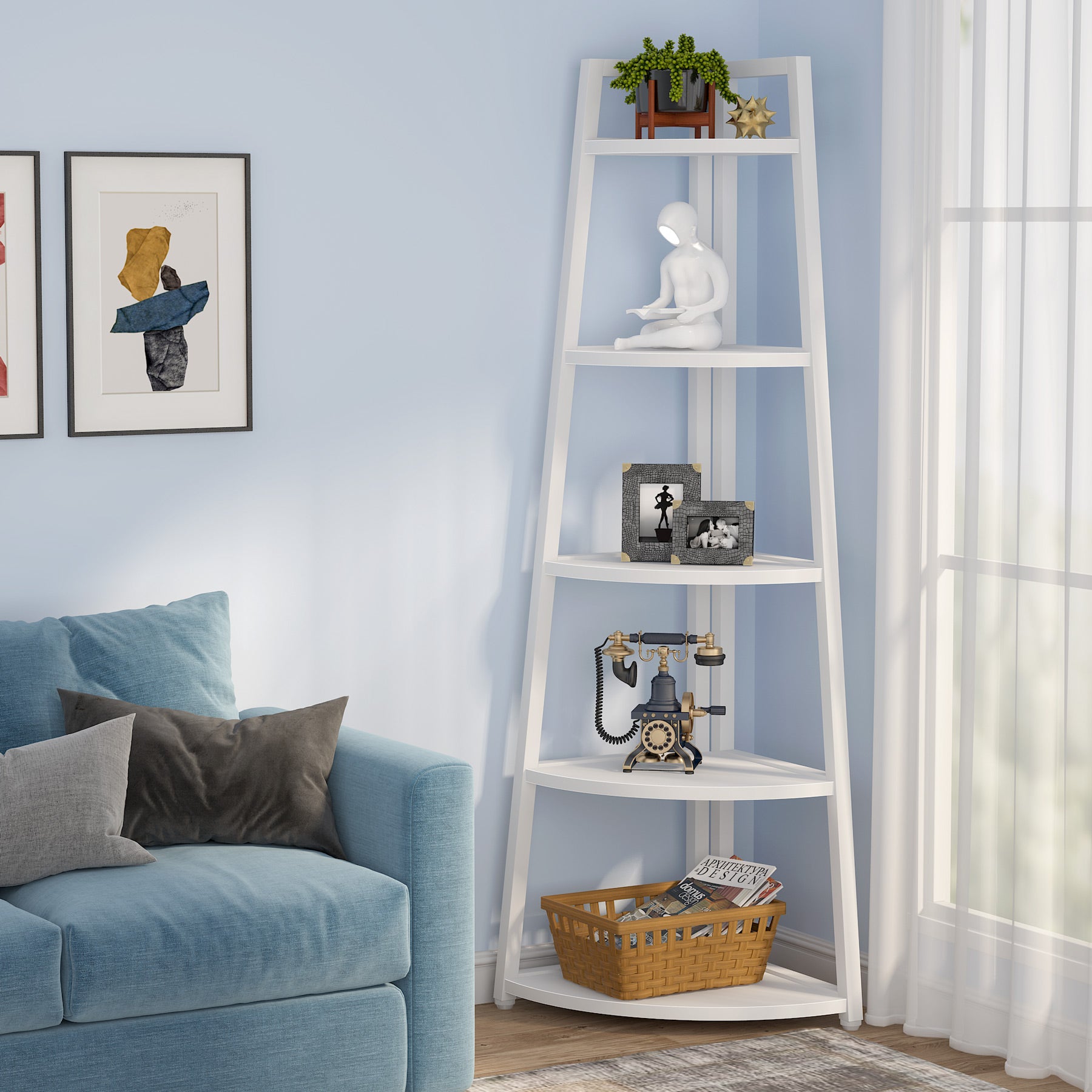 5-Tier Corner Bookshelf, 70" Tall Corner Shelves Plant Stand