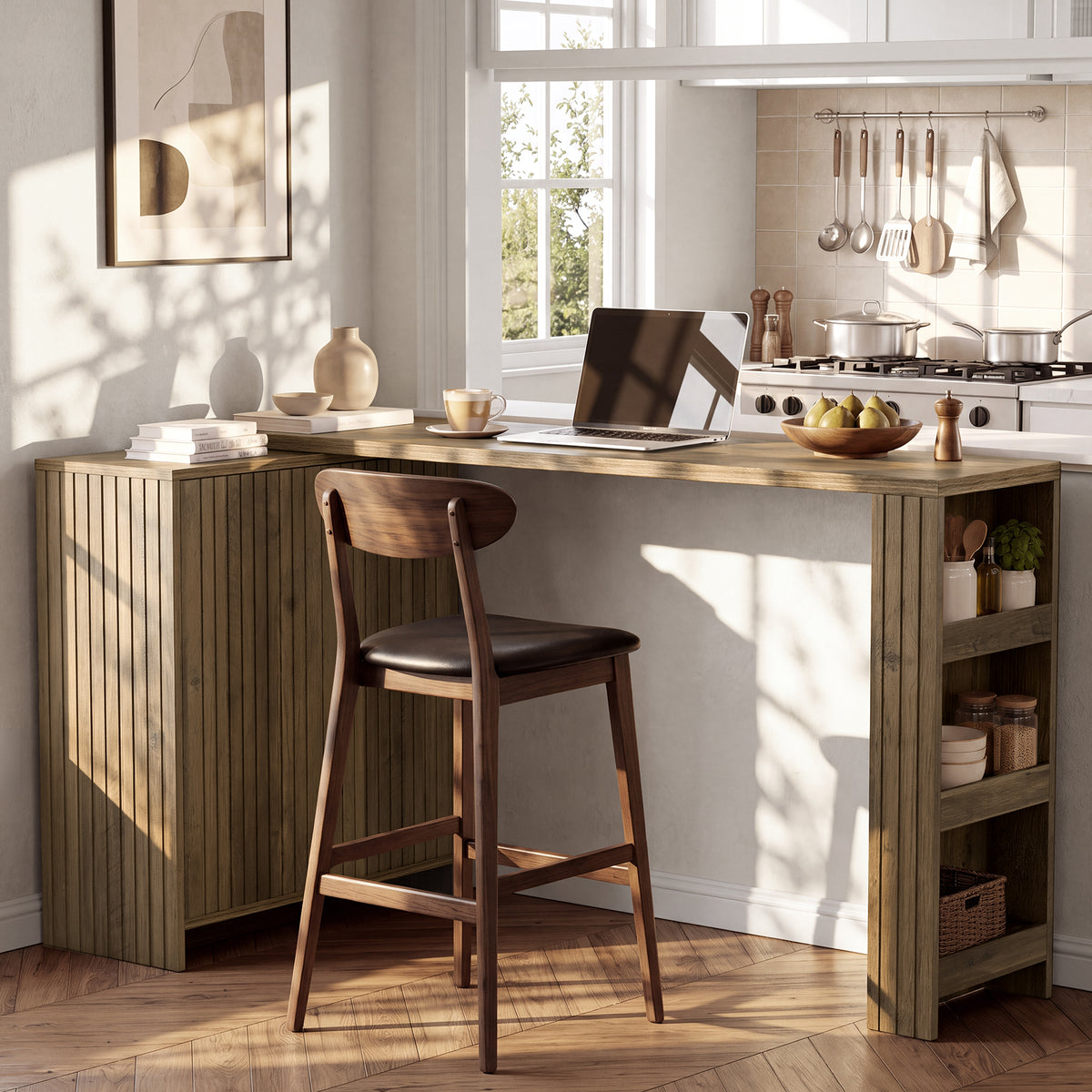 L-Shaped Bar Table, Counter Height Table with Cabinet & Open Shelves for Kitchen, Dining Room