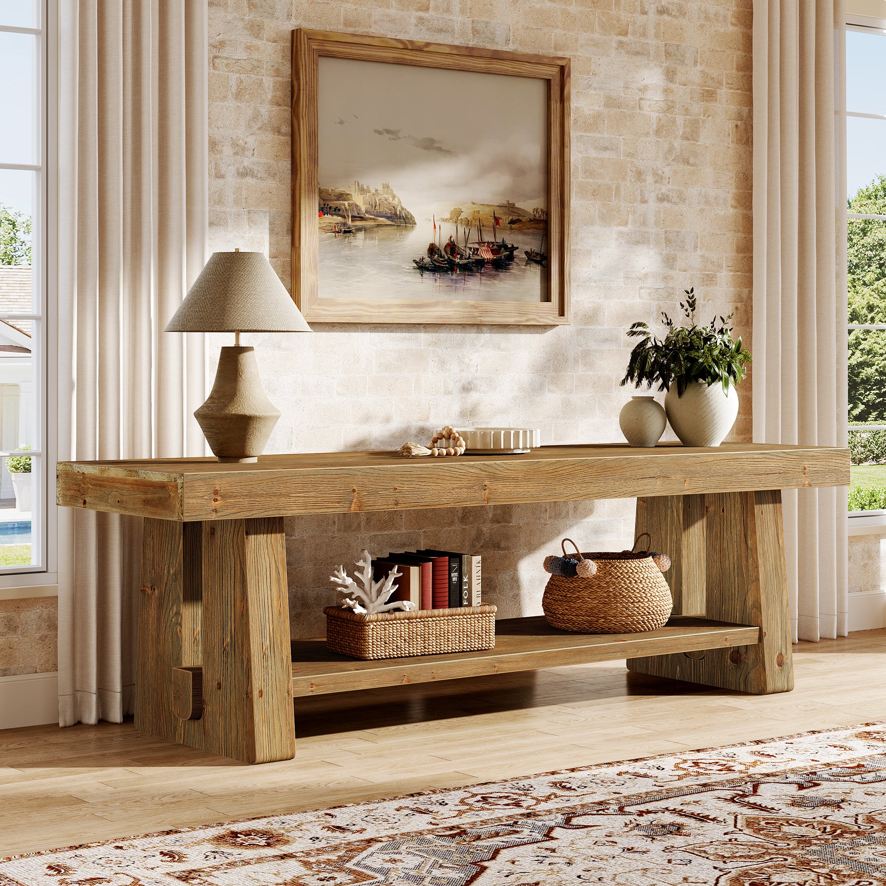 Solid Wood TV Stand for Up to 75 Inch TV, 2-Tier Farmhouse Media Console with Open Shelves
