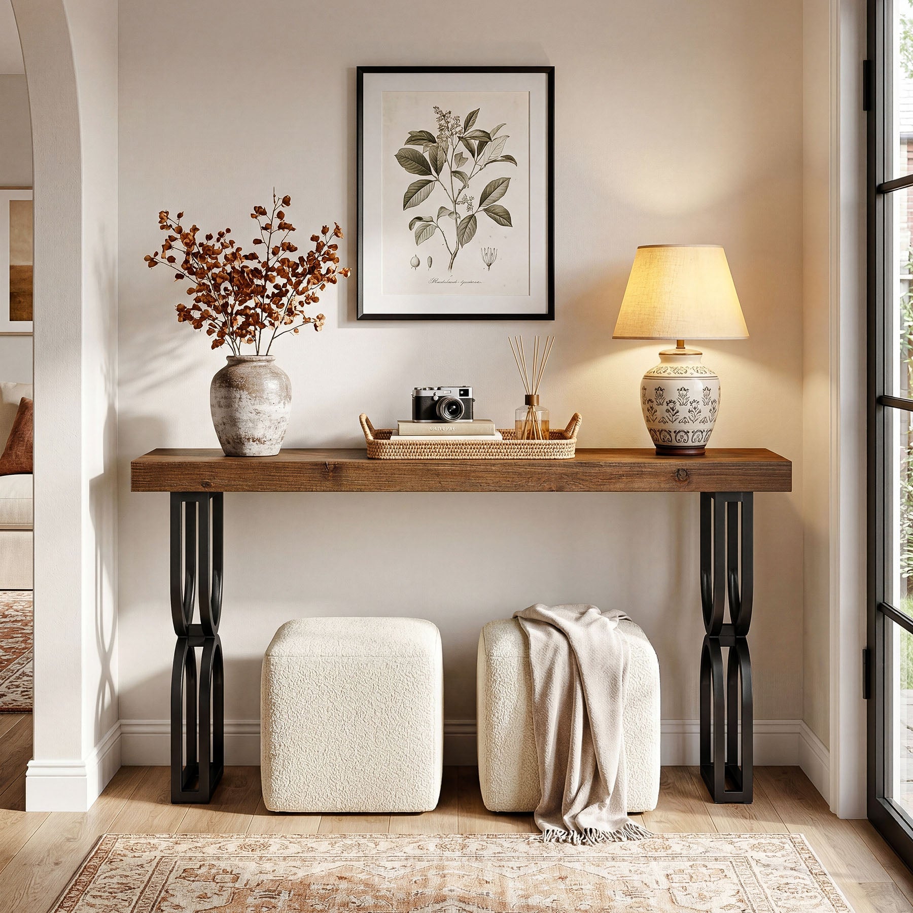 59" Solid Wood Console Table, Narrow Sofa Table with Metal U-Shaped Legs, Industrial Entryway Table for Hallway & Living Room