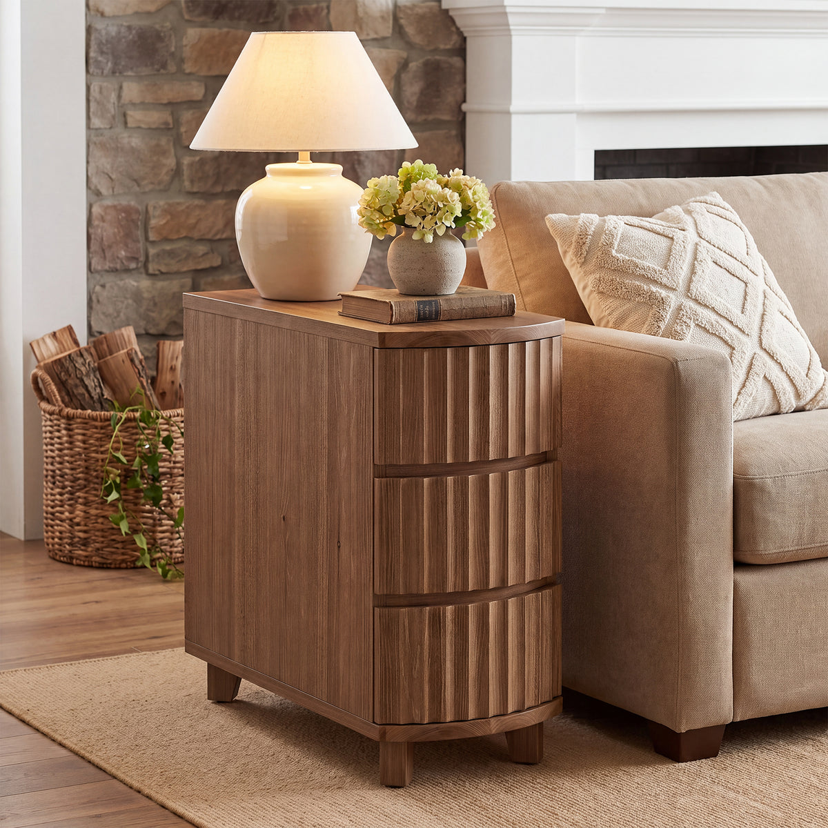 Solid Wood End Table, 3-Drawer Narrow Side Table with Curved Design for Living Room