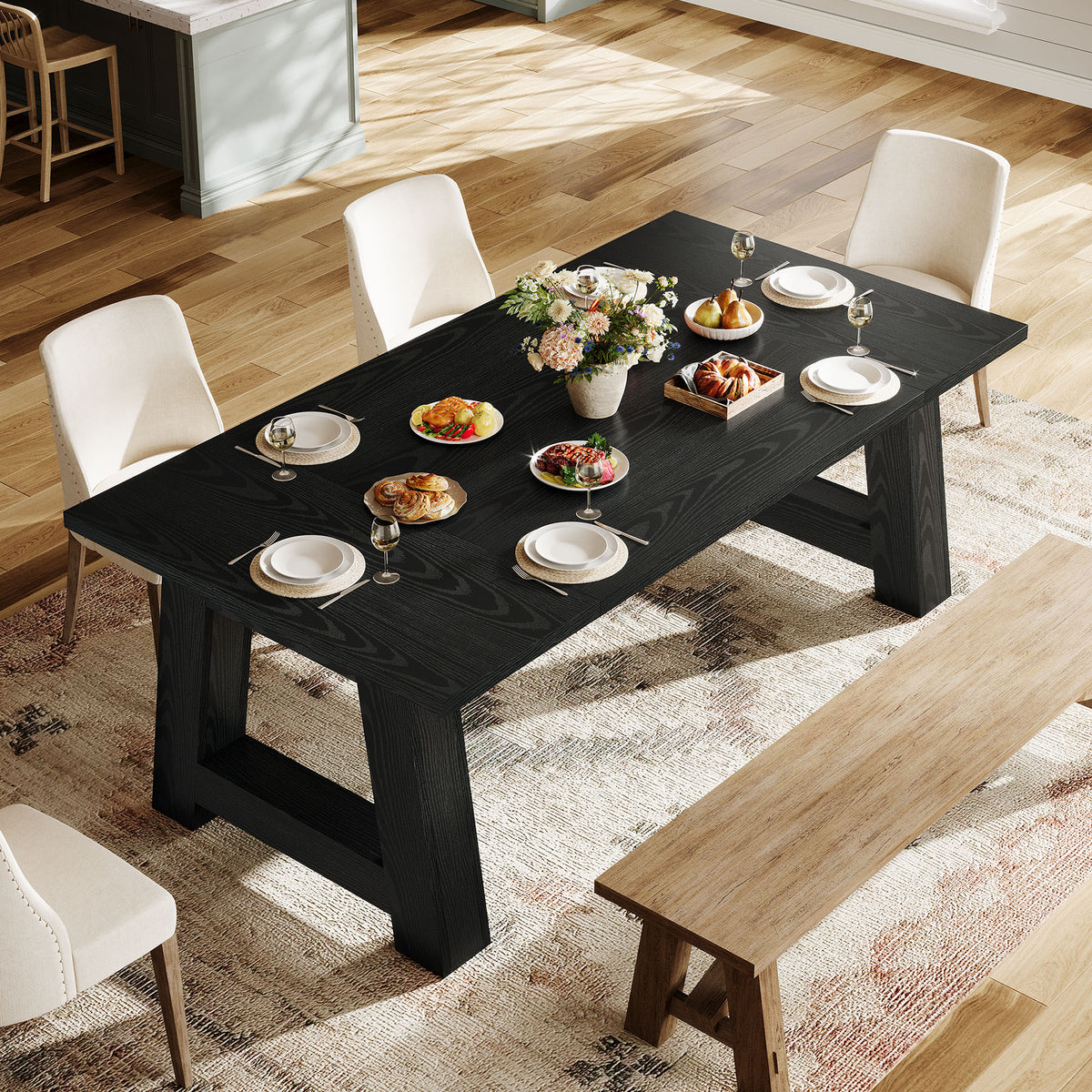62.6" Dining Table for 4-6, Farmhouse Kitchen Table with Sturdy Legs