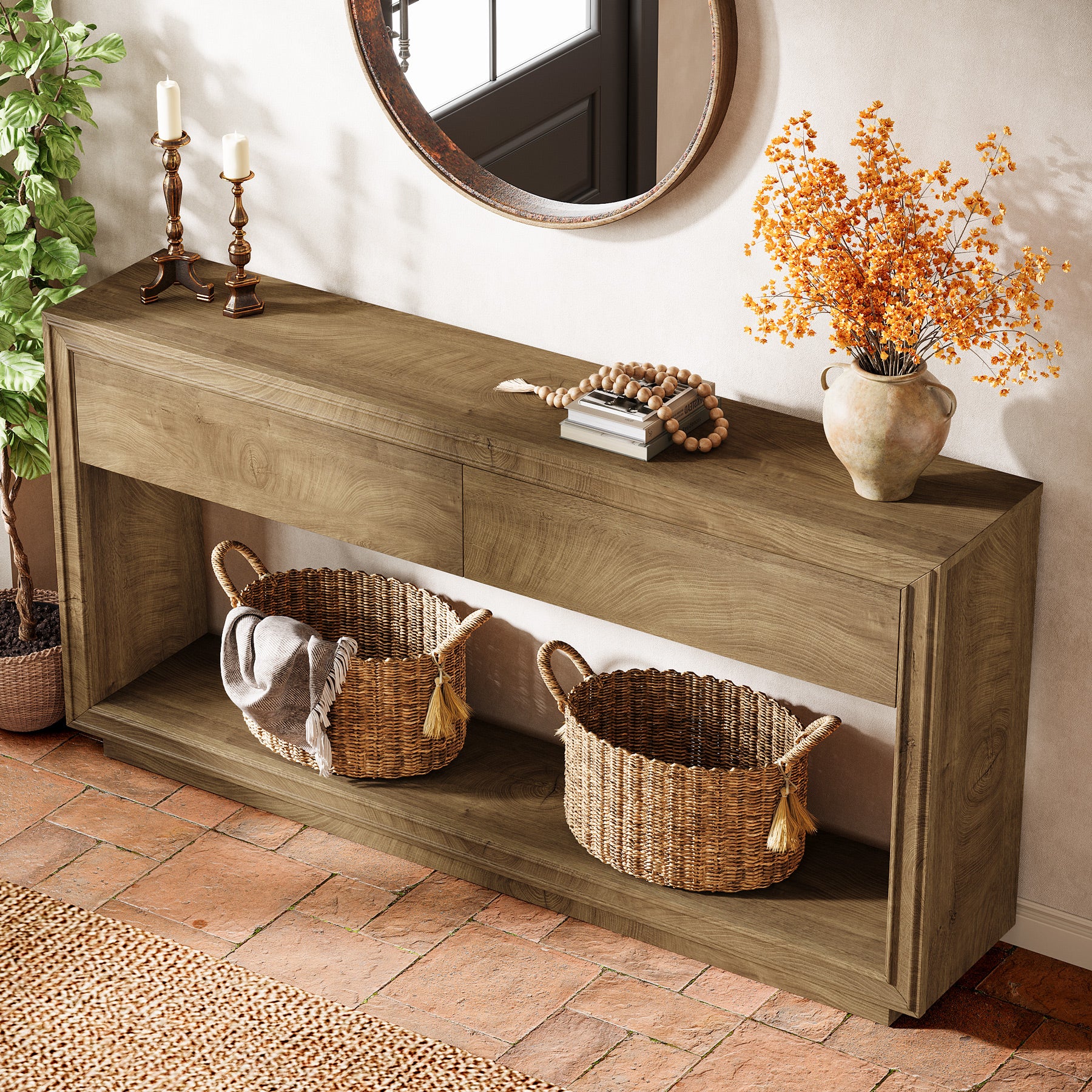 63" Farmhouse Console Table with 2 Drawers and Shelf, Wooden Entryway Sofa Table for Hallway, Foyer, or Behind Couch