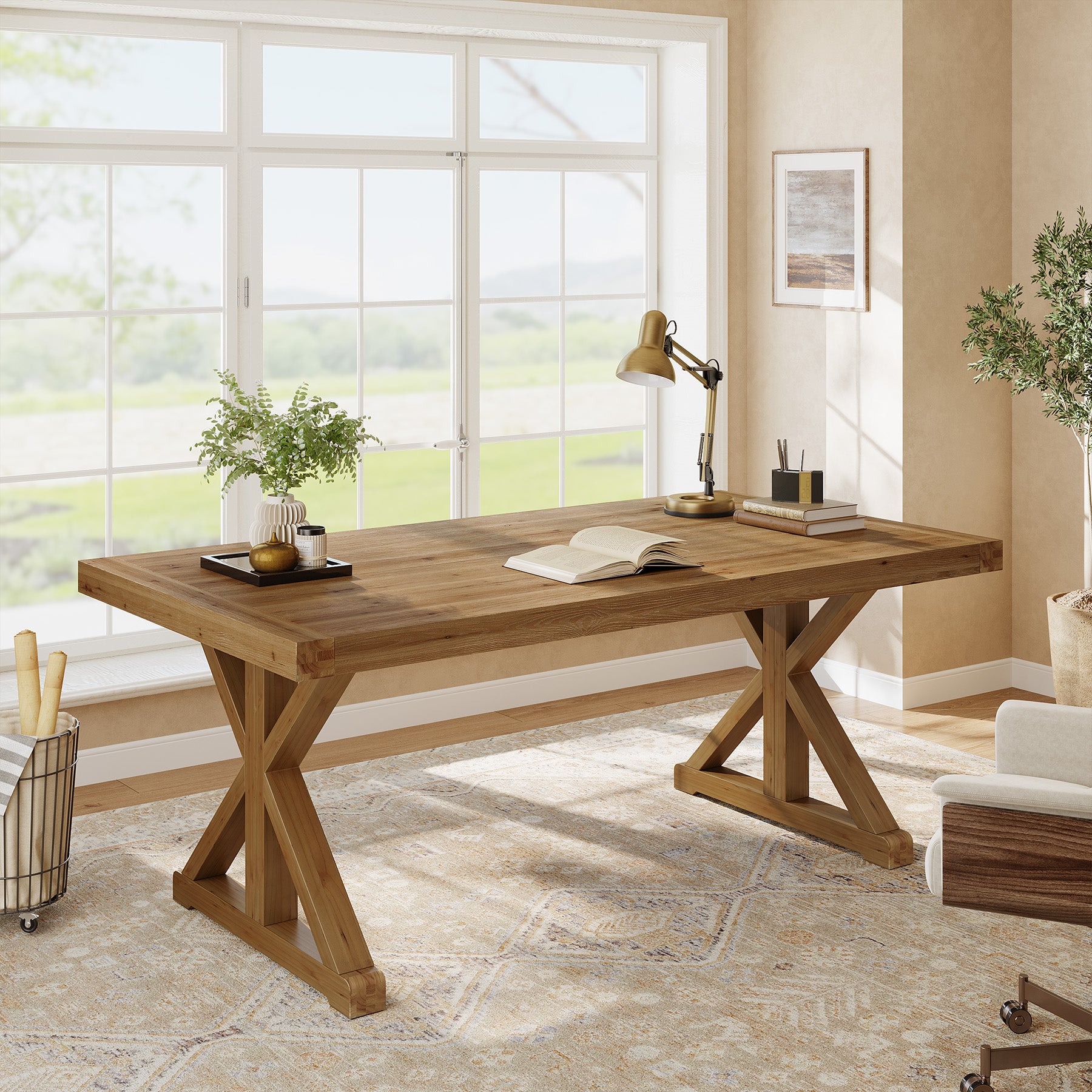 63" Rustic Computer Desk, Solid Wood Executive Desk for Office