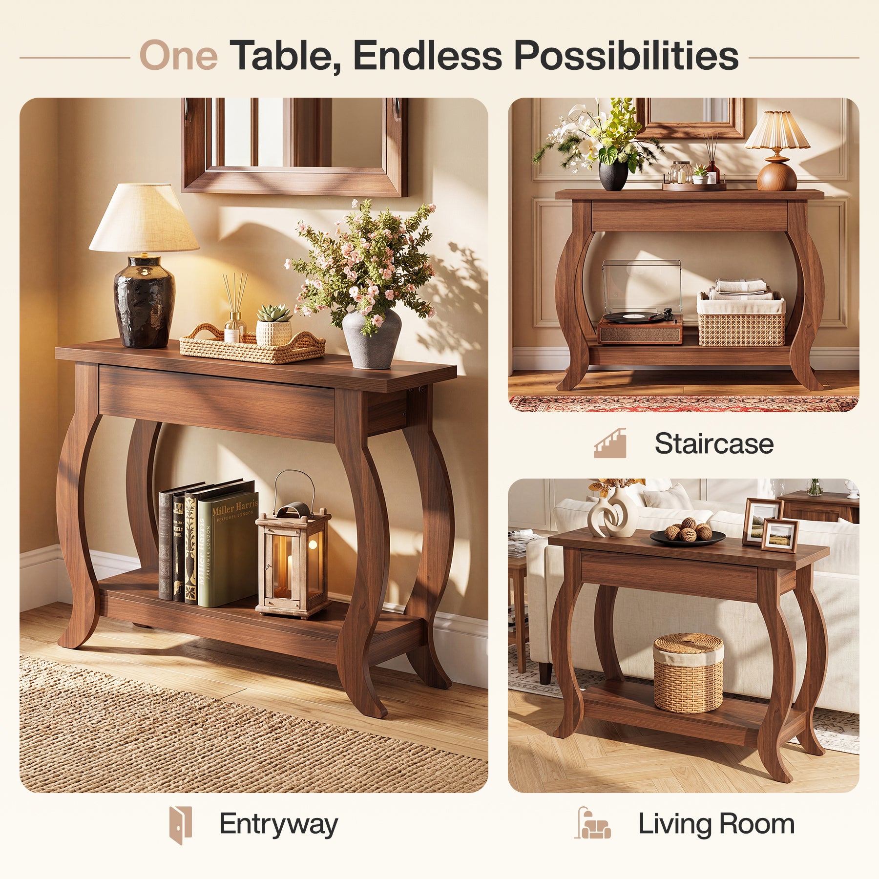 41.3" Console Table with Curved Legs, Farmhouse Sofa Table with Drawer and Shelf