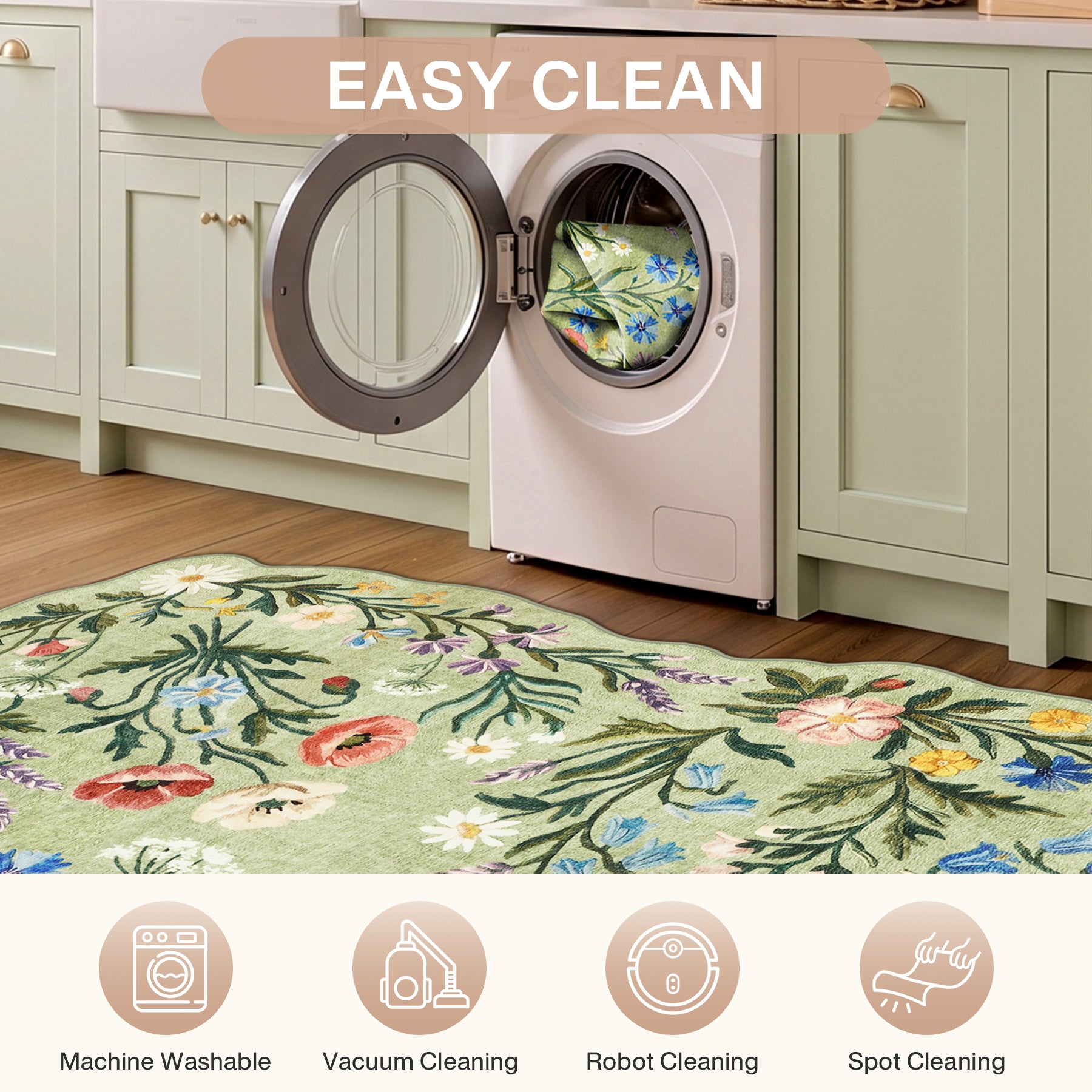 5x7/8x10 Floral Area Rug, Machine Washable Faux Wool, Non-Slip Scalloped Botanical Carpet