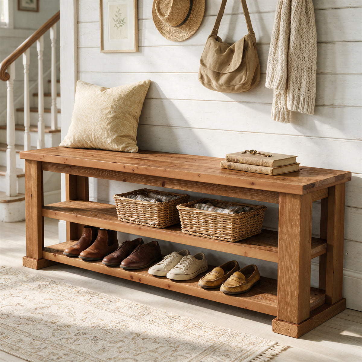 63" Rustic Solid Wood Entryway Bench, 3-Tier Shoe Storage, Reinforced Legs