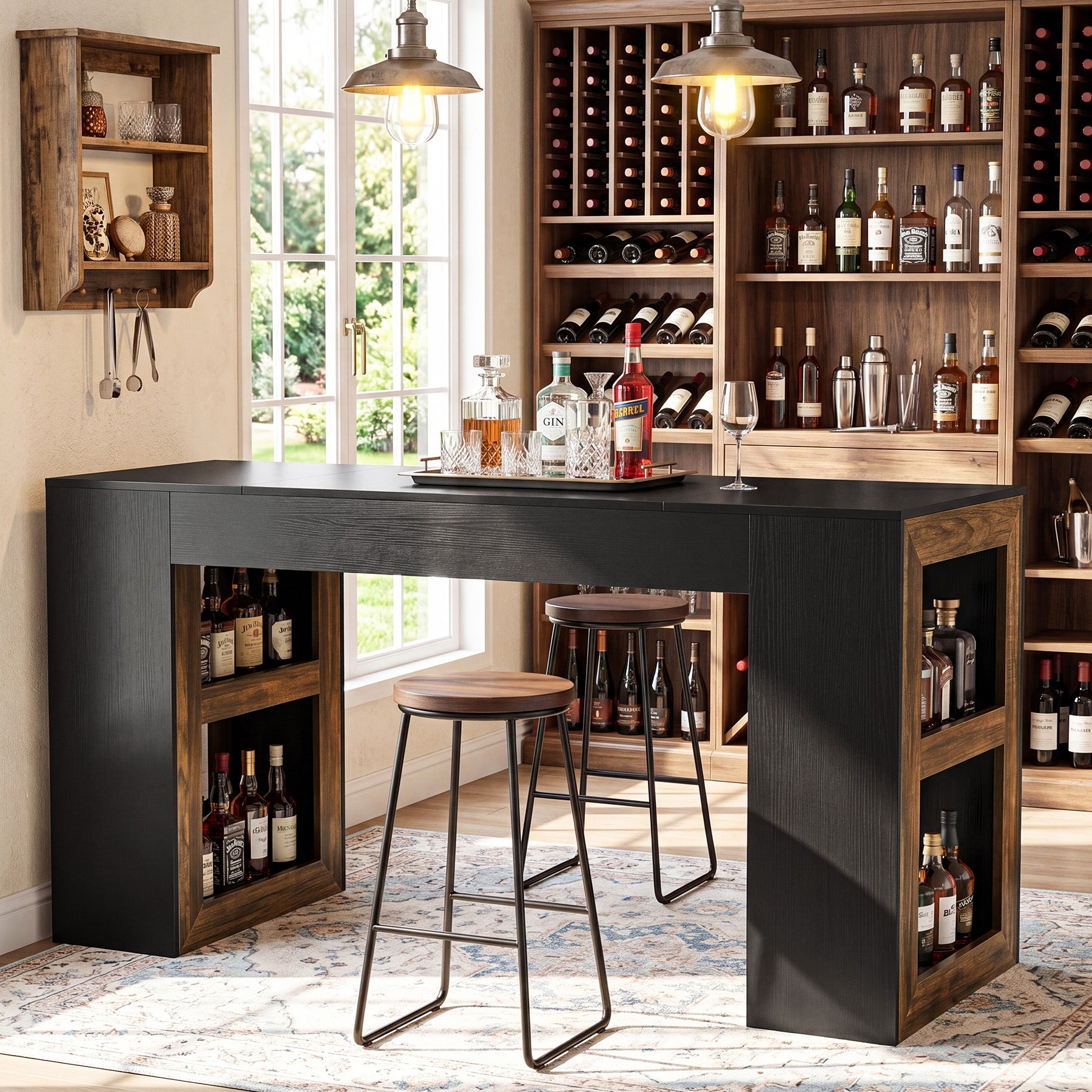 63" Counter Height Bar Table with Storage Shelves, Industrial Pub Table for Kitchen, Dining Room & Home Bar
