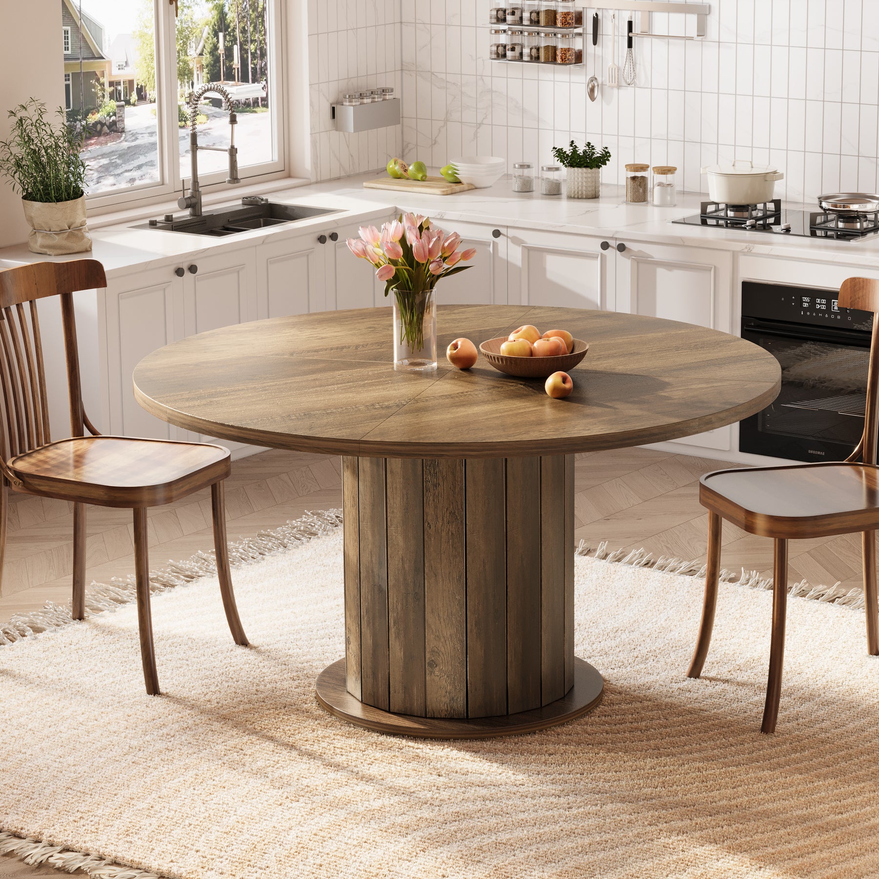 47" Round Dining Table with Pedestal Base, Farmhouse Kitchen Table for 4-6 People