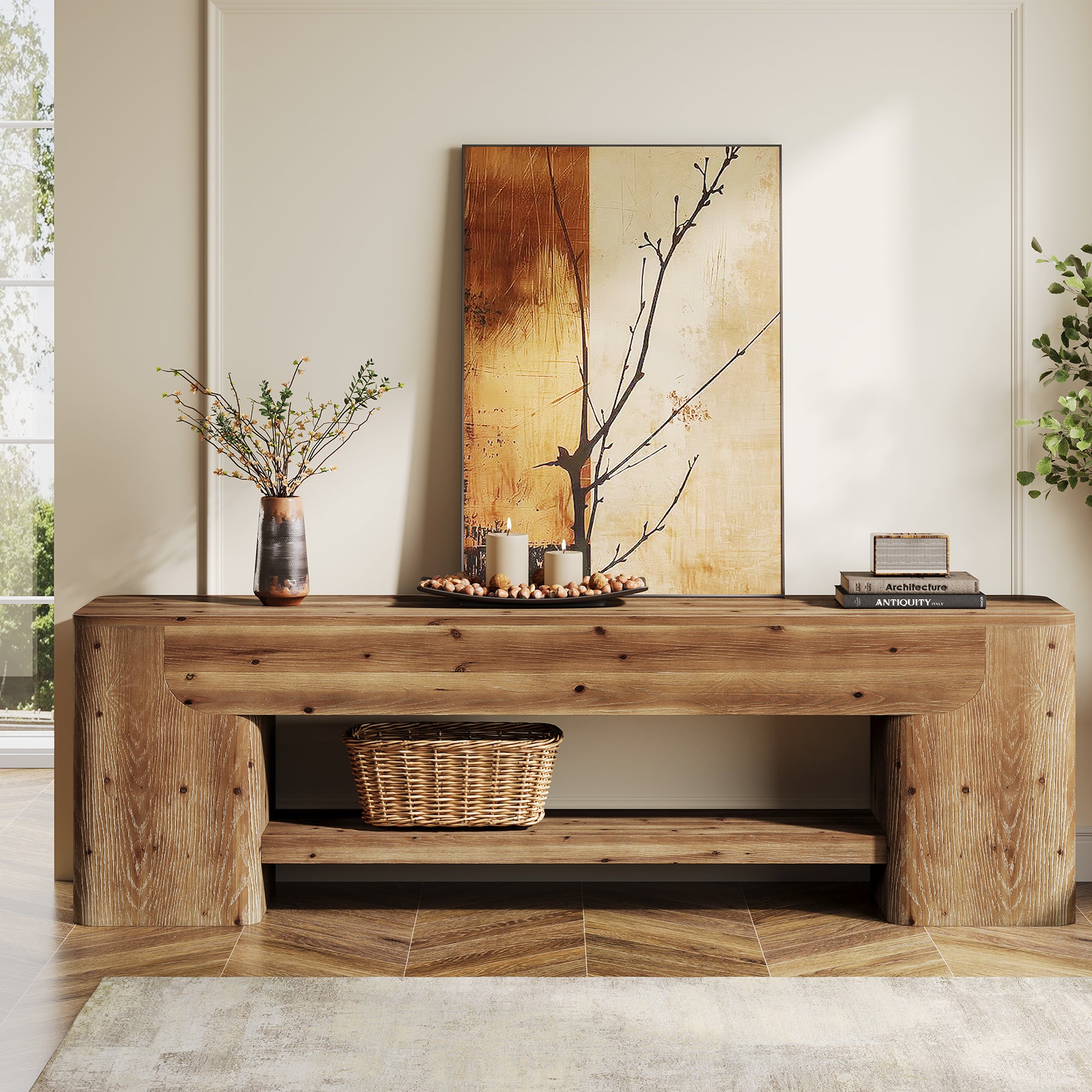 63" Solid Wood TV Stand for Up to 75" TVs, Farmhouse Entertainment Center with Open Shelf Storage for Living Room or Bedroom