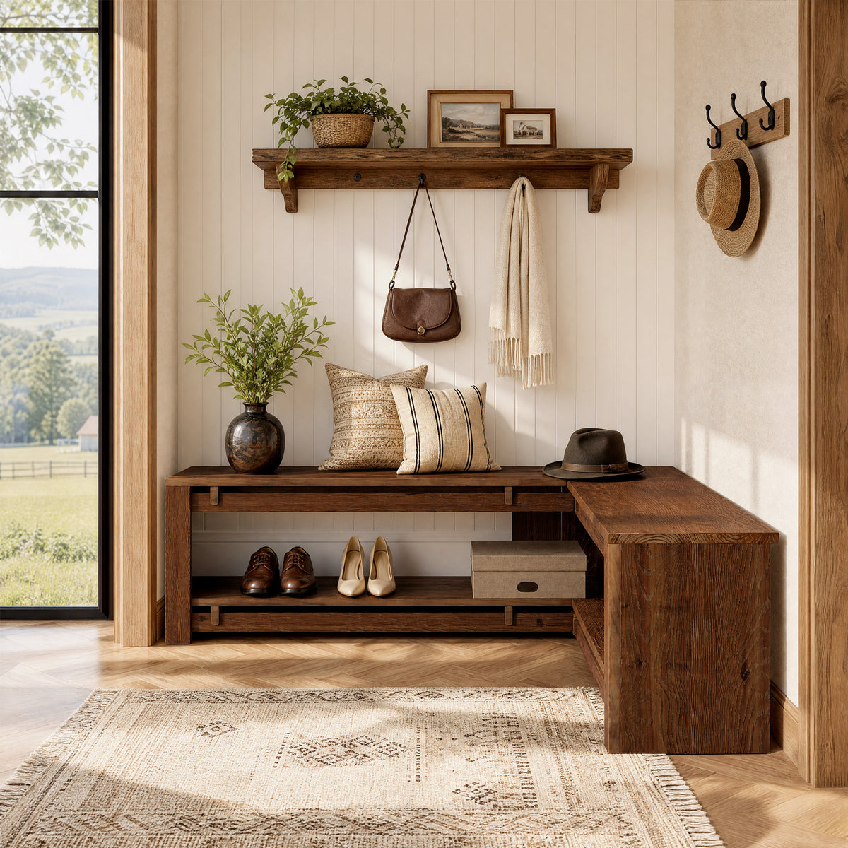 47" L-Shaped Corner Bench, Rustic Solid Wood Shoe Storage, Backless Entryway Mudroom