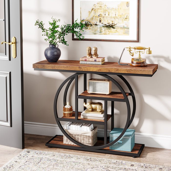 41.3" Console Table, Industrial 4-Tier Sofa Table Entryway Table with Circle Base