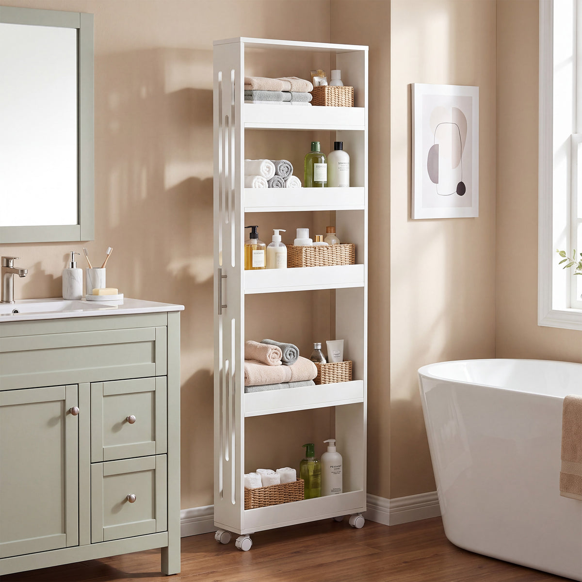 65" Slim Storage Cart on Wheels, 5-Tier Kitchen Cart Skinny Utility Mobile Shelf Organizer