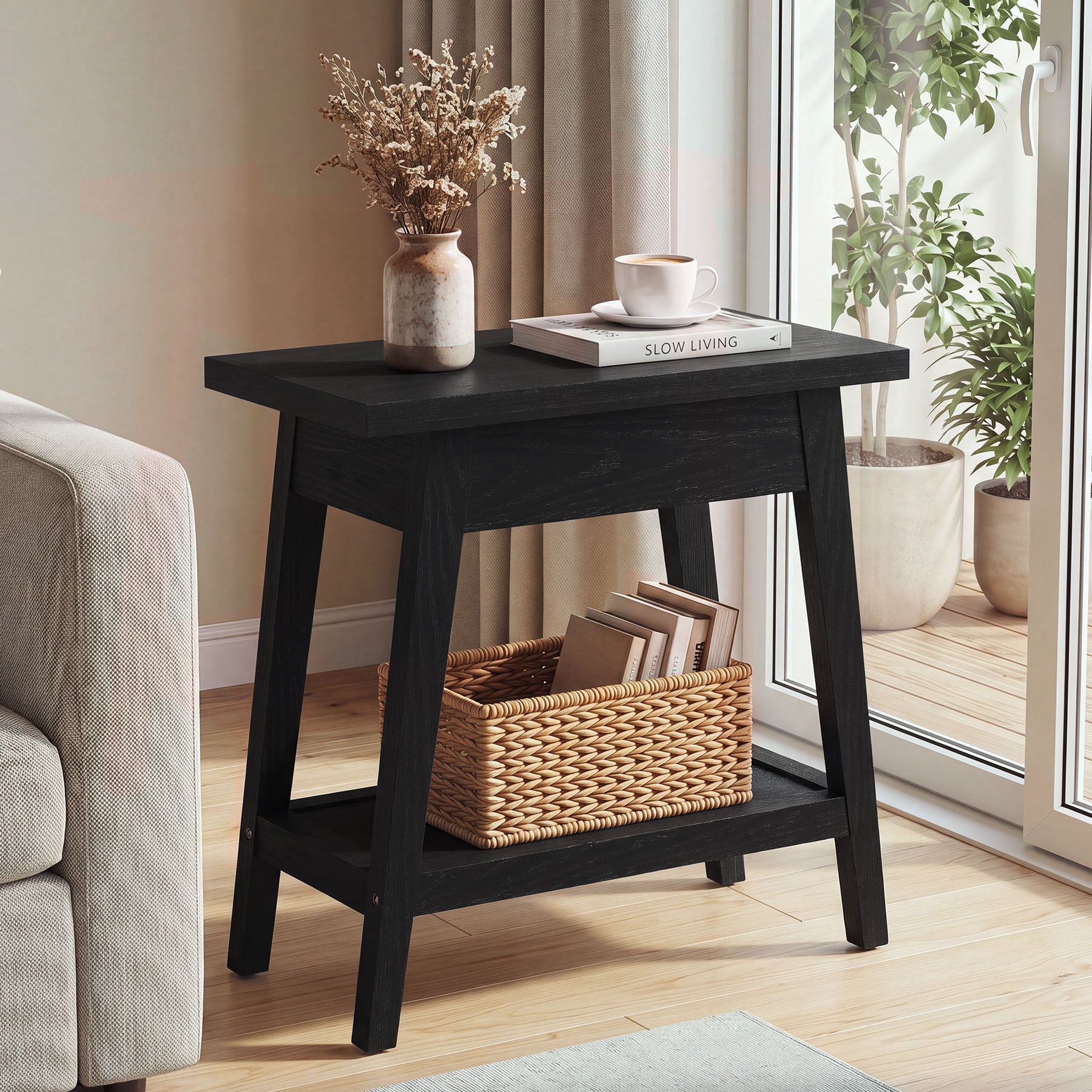 2-Tier Solid Wood End Table, Farmhouse Side Table with Storage for Living Room
