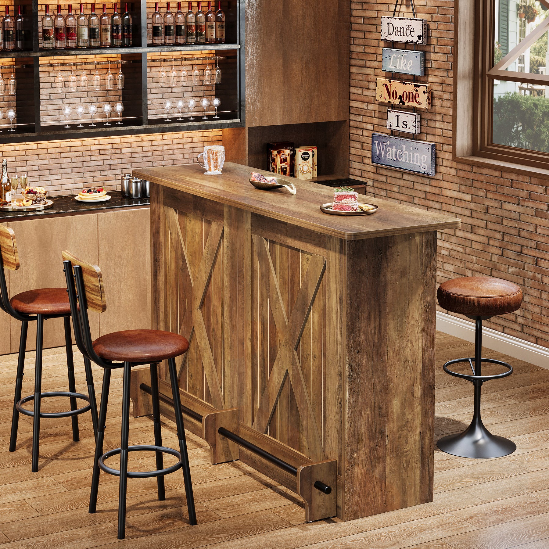 63" Home Bar Unit, 2-Tier  Bar Table Coffee Cabinet with Footrest