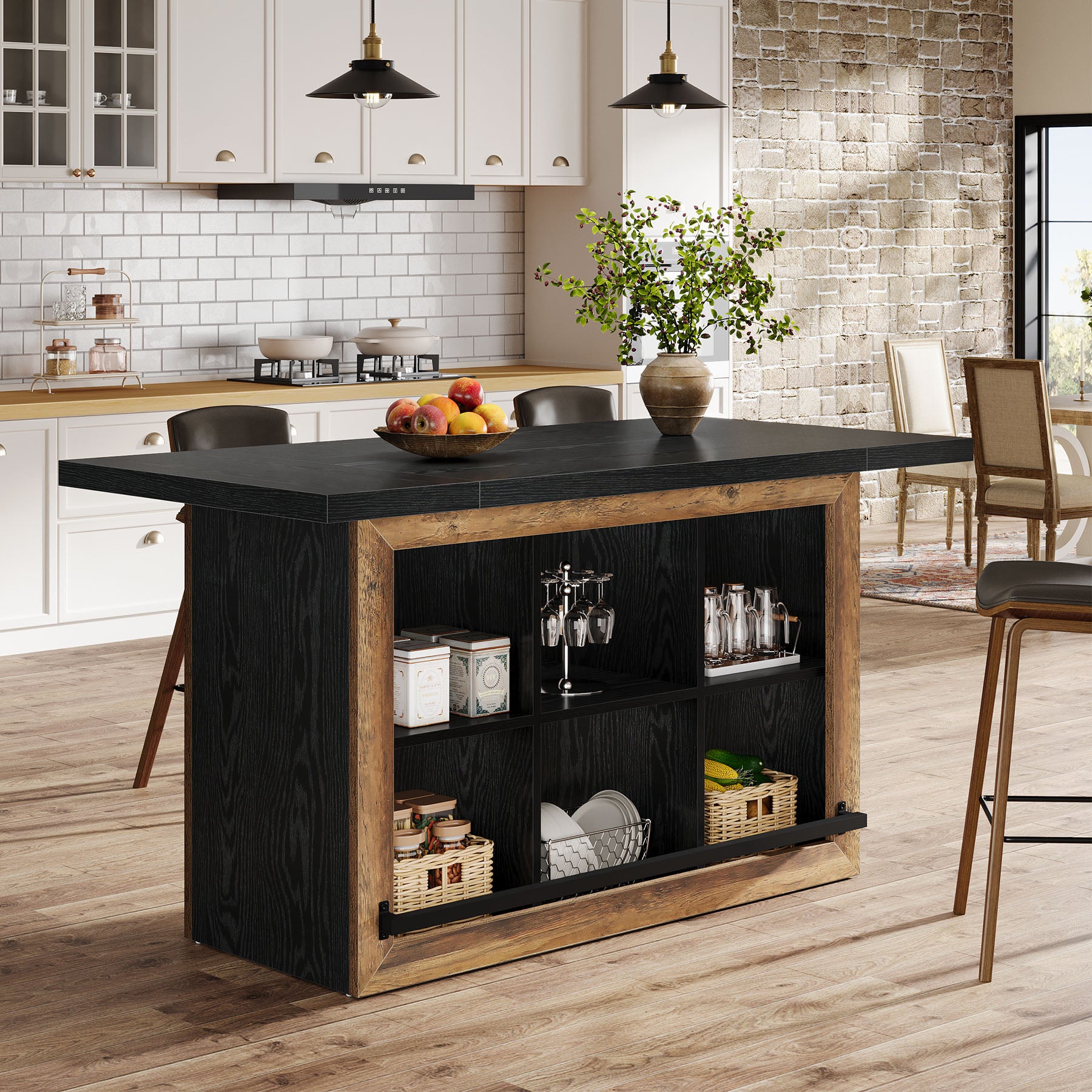 Kitchen Island, Counter Height Kitchen Coffee Bar Table with Storage