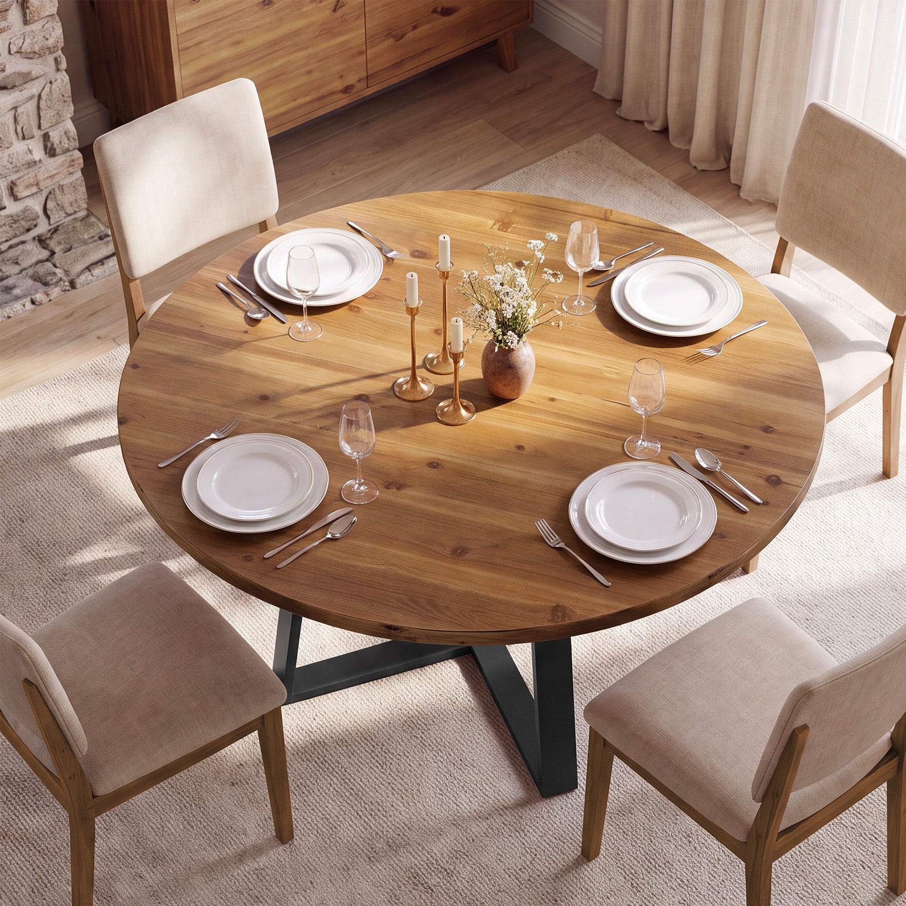 47" Solid Wood Dining Table, Farmhouse Round Kitchen Table for 4-6 People