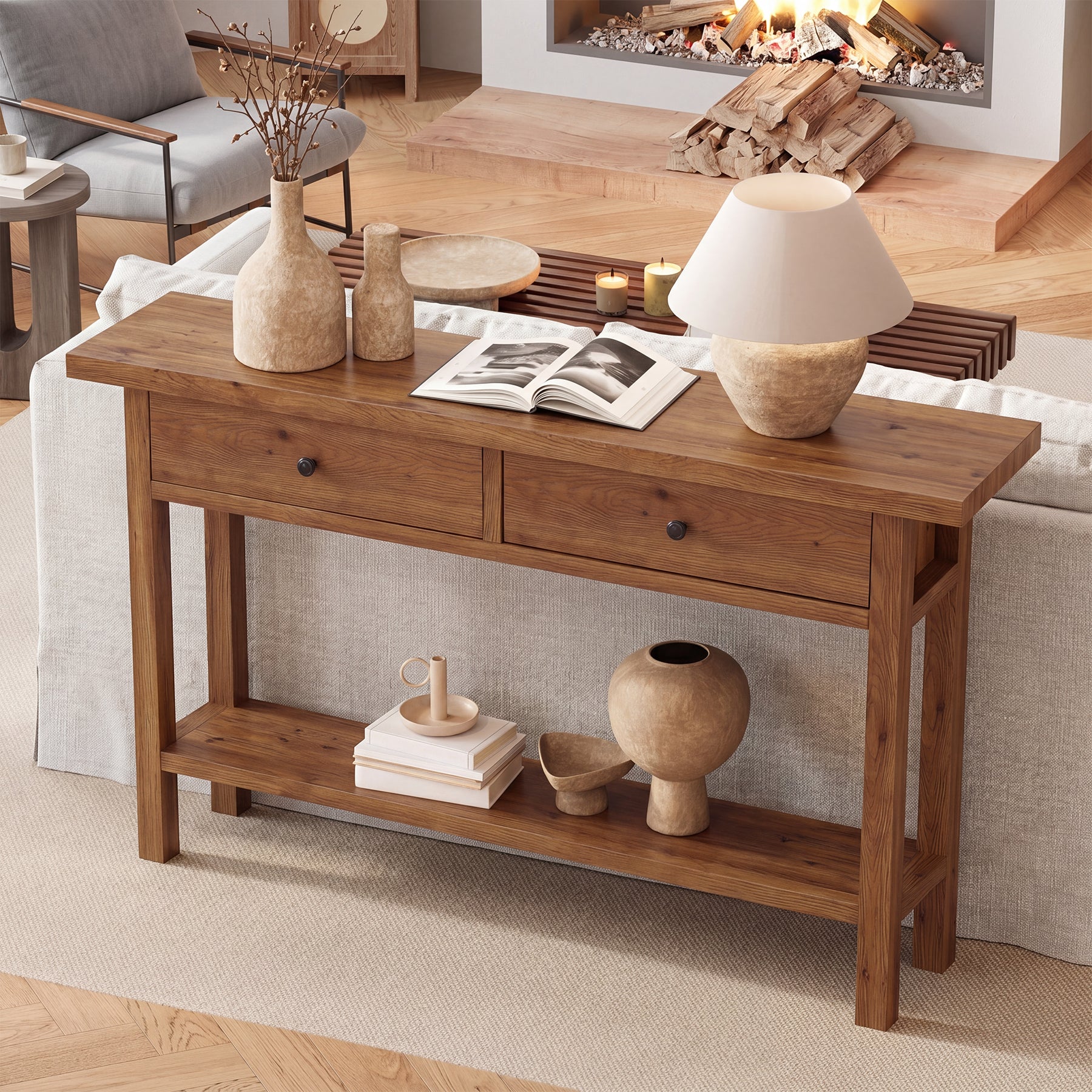 63" Solid Wood Console Table, Narrow Sofa Entryway Table with 2 Drawers and Shelf
