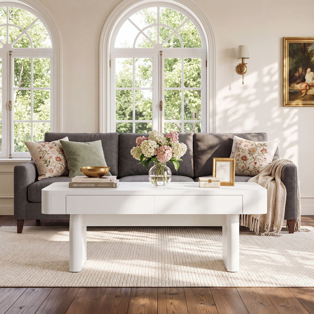 47.24 Inch White Coffee Table with 2 Drawers and Storage, Modern Rectangular Center Table for Living Room