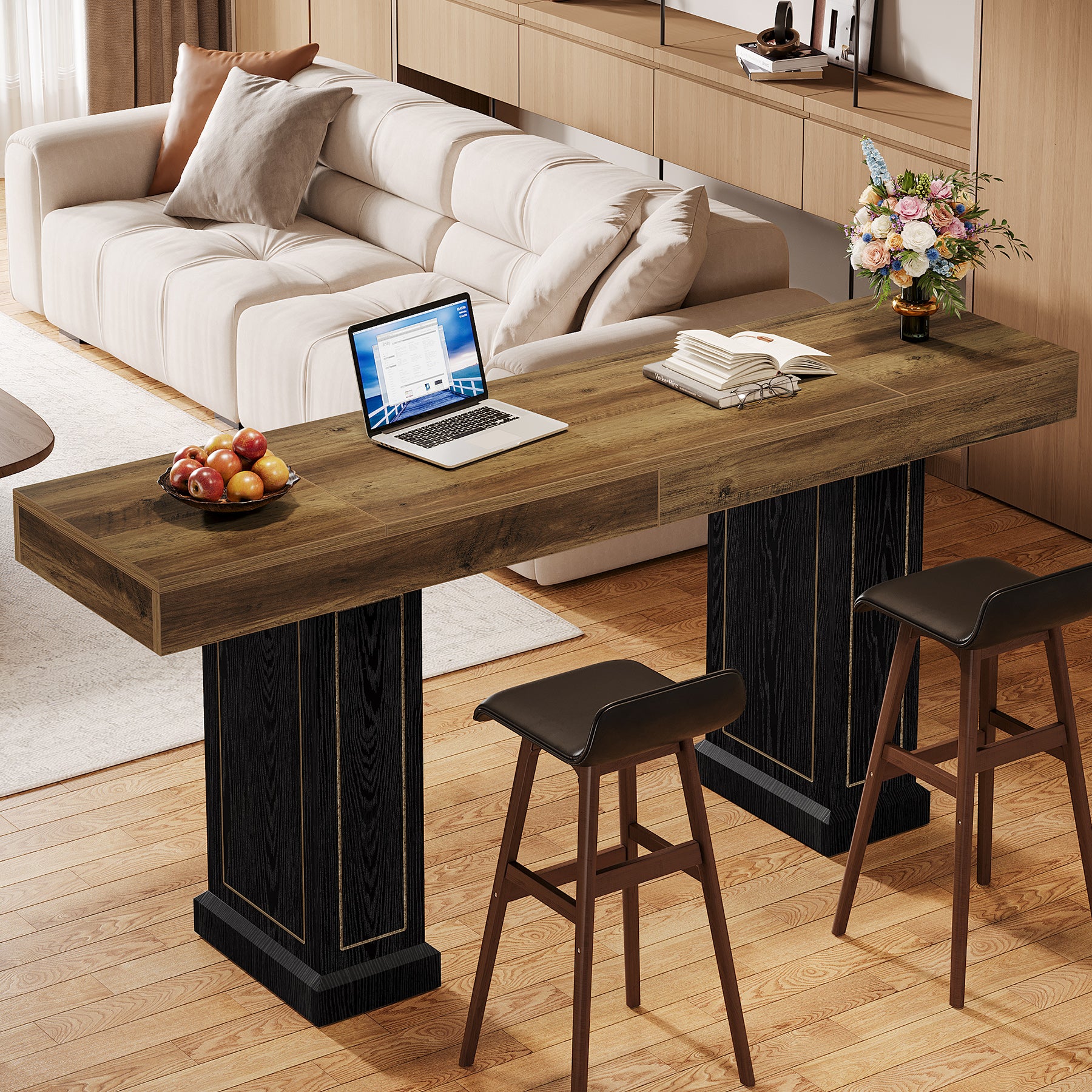 71" Counter Height Bar Table for 6-8 People, Rustic Pub Table with Dual Pedestal Base & Gold Accents