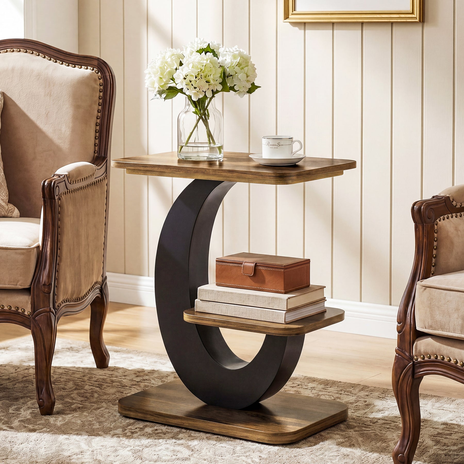 2-Tier End Table, Narrow Side Table with Metal Arc-Shaped Frame