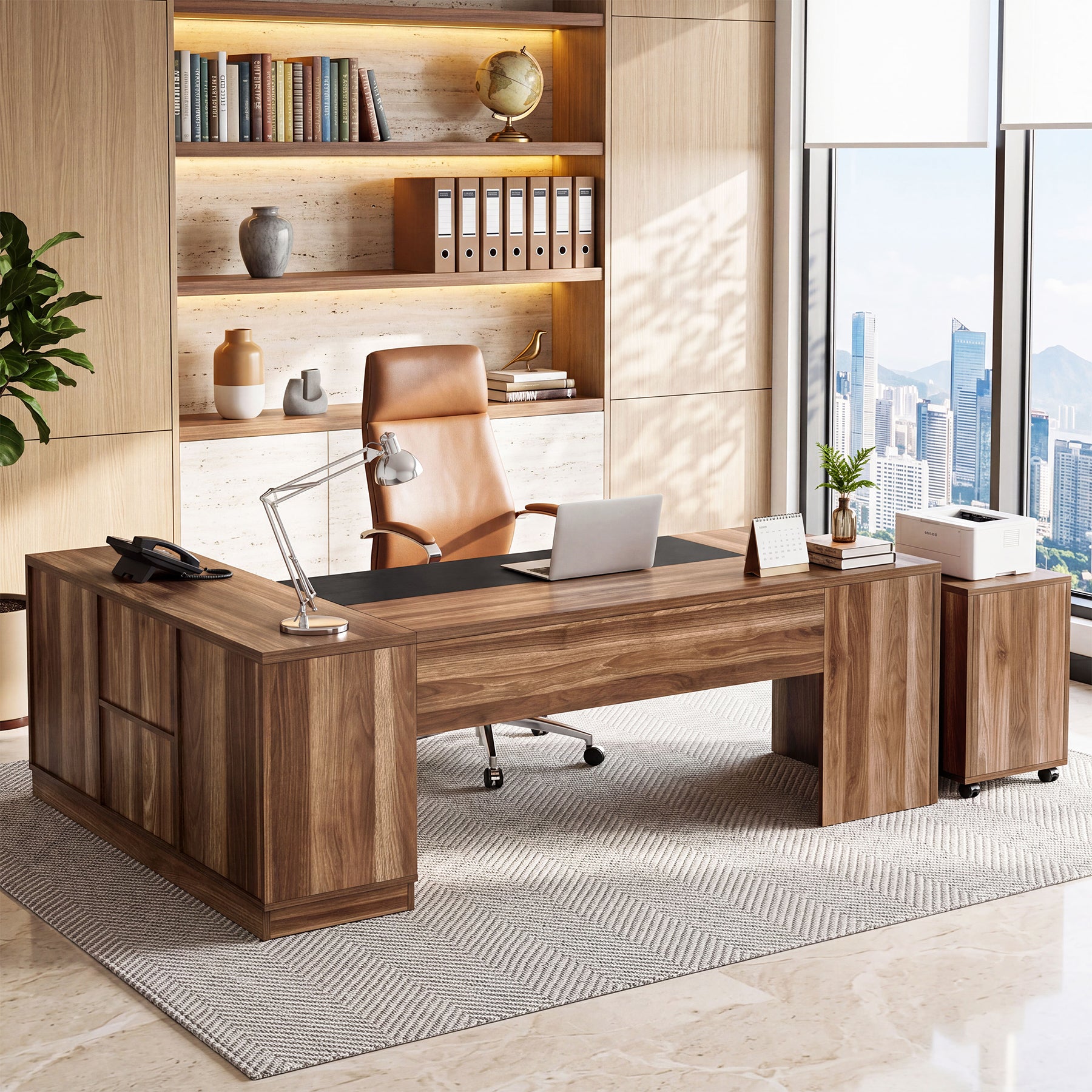78.7" L-Shaped Executive Desk, Large Office Desk with Mobile Filing Cabinet