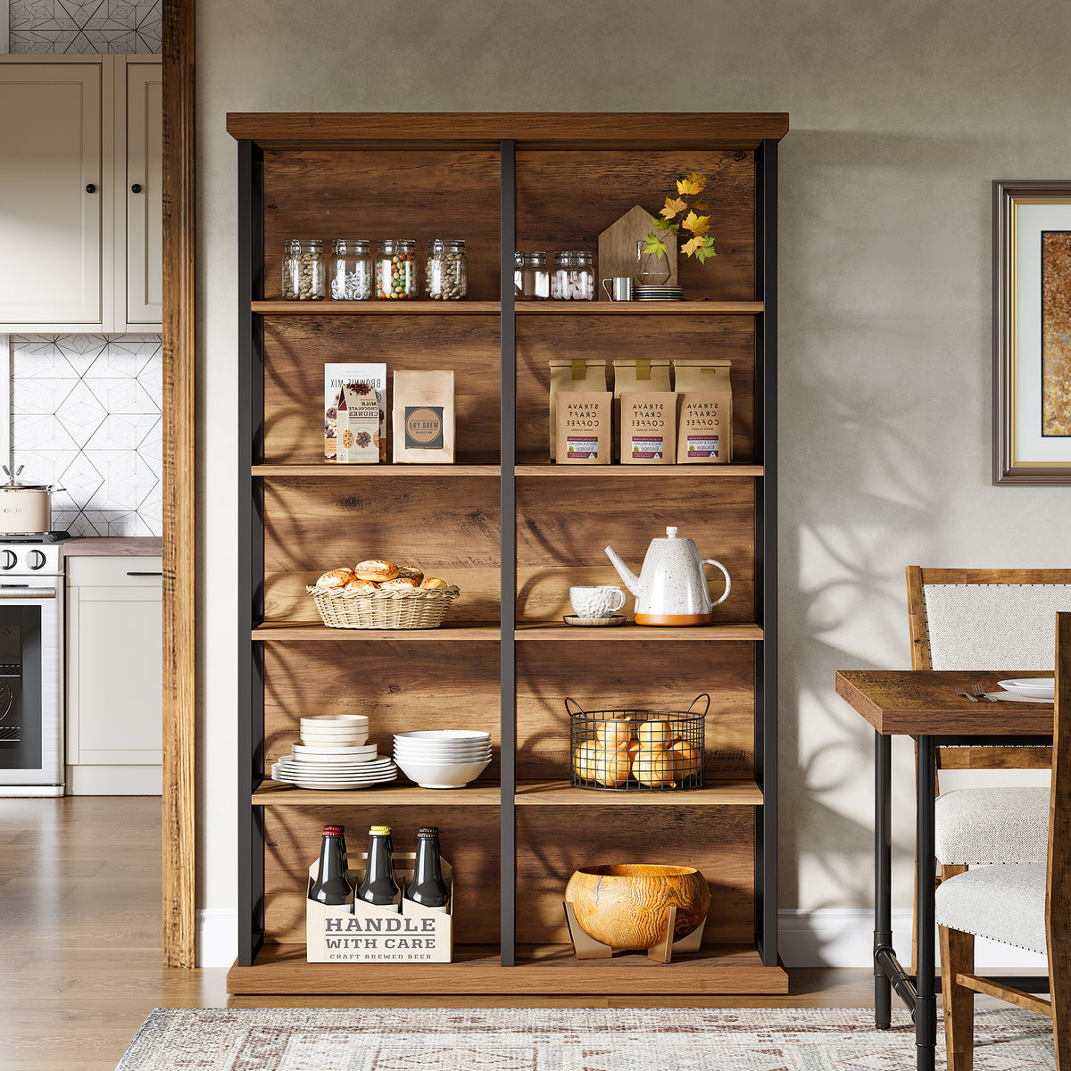 75" Industrial 6-Tier Bookcase, 10-Cube Metal Frame Freestanding Bookshelf, Home Office