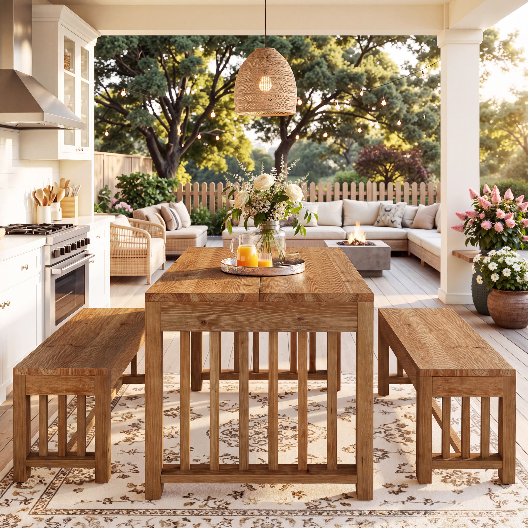 55" Rectangular Dining Table Set, Solid Wood Kitchen Table and Bench for 4 People