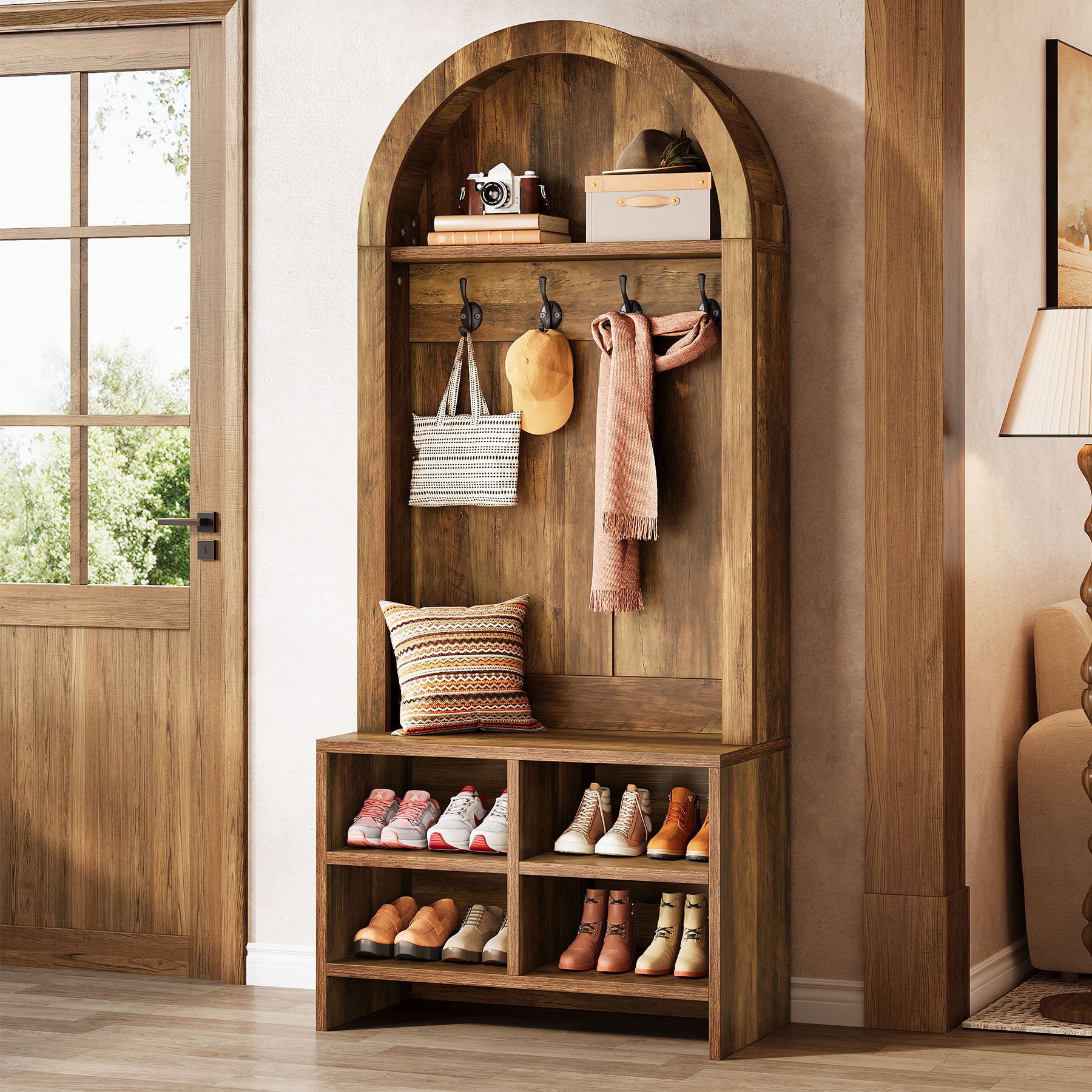 Hall Tree, Arched Coat Rack with Bench and Shoe Storage - Thumbnail 4