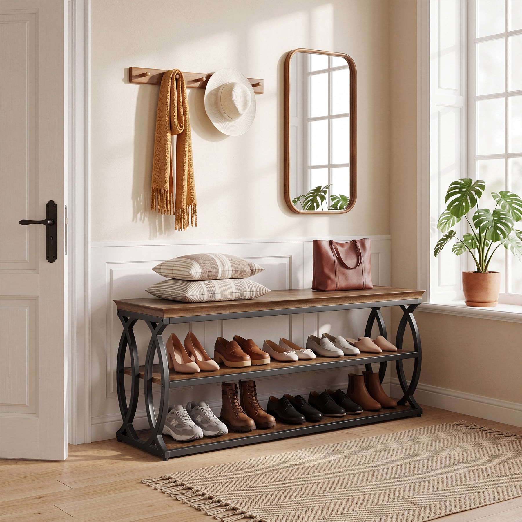 Shoe Storage Bench with 3-Tier Rack, Industrial Wooden Shoe Organizer for Hallway Living Room Closet