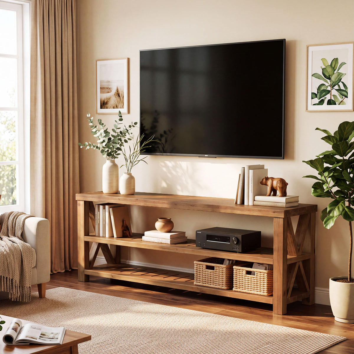 55" TV Stand for TVs up to 65", Solid Wood TV Console with 3 Storage Shelf