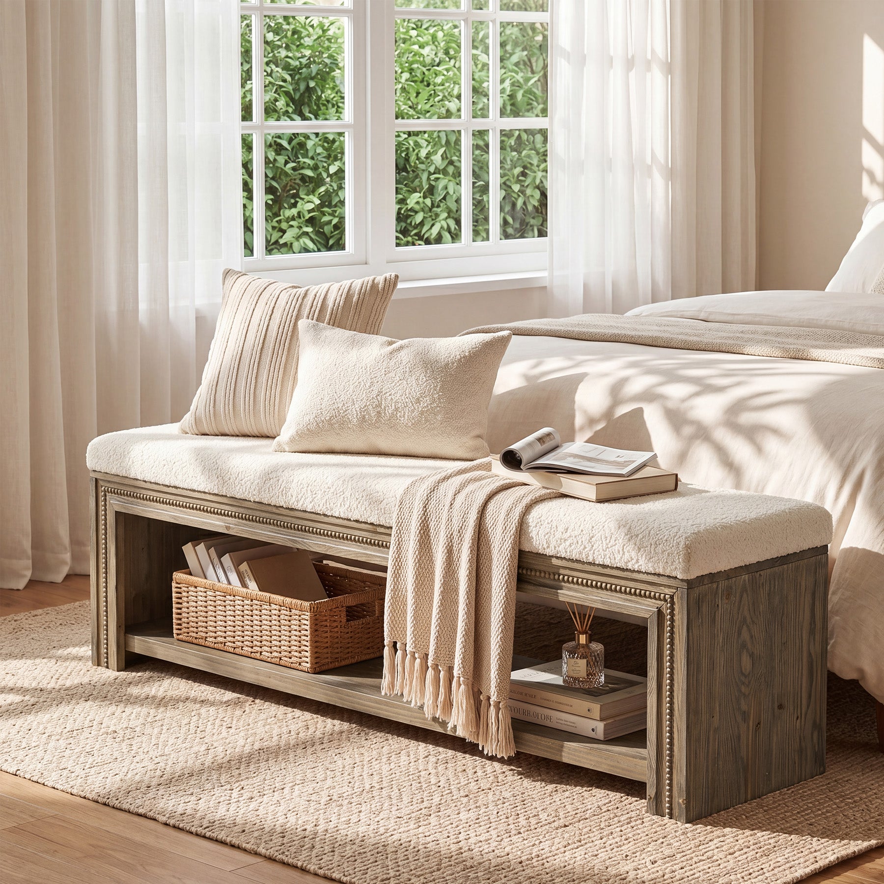 Solid Wood End of Bed Bench, 55.12" Upholstered Bed Bench with Storage for Bedroom