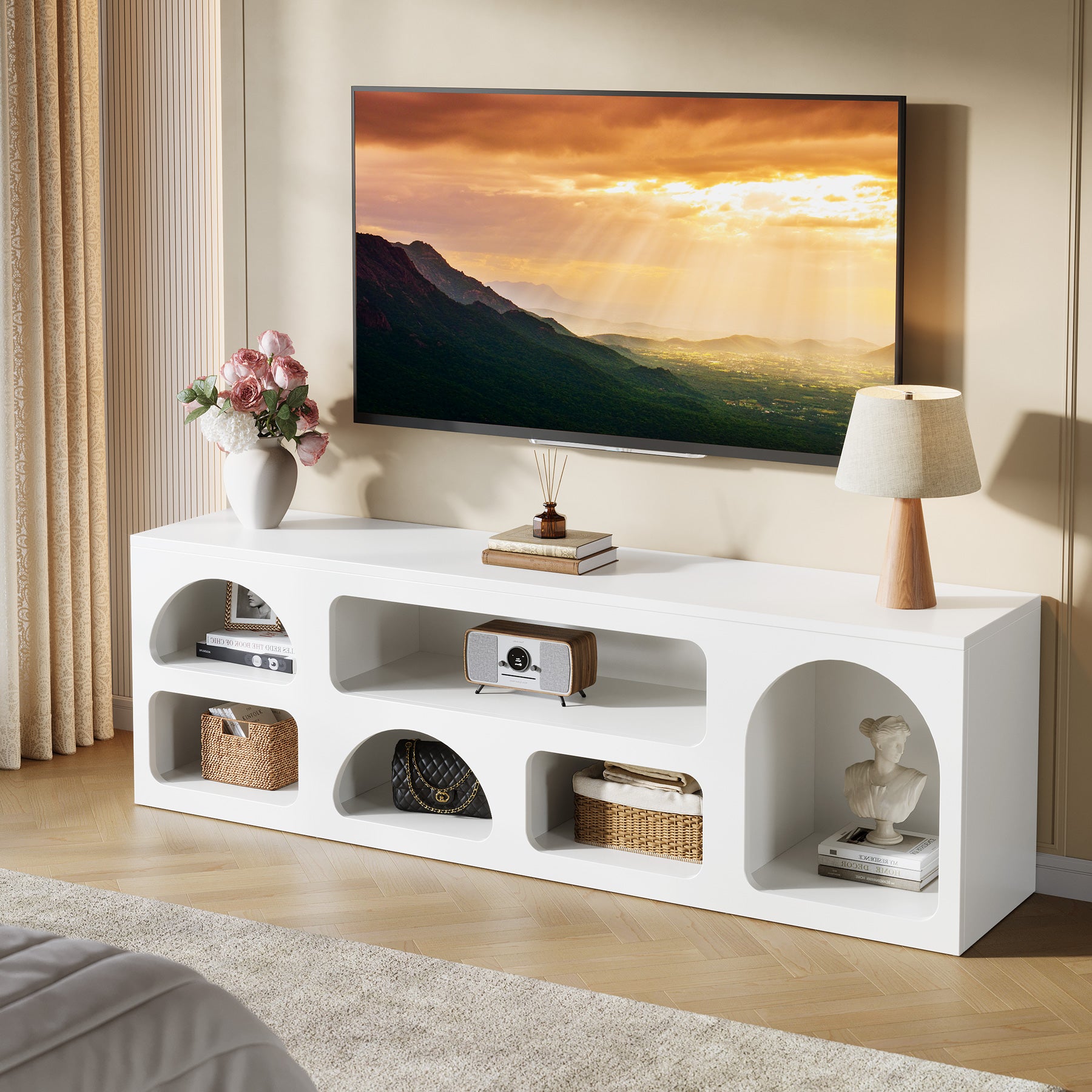 63" TV Stand for 60 to 70 Inch TVs, Modern White Media Console with 6 Open Shelves