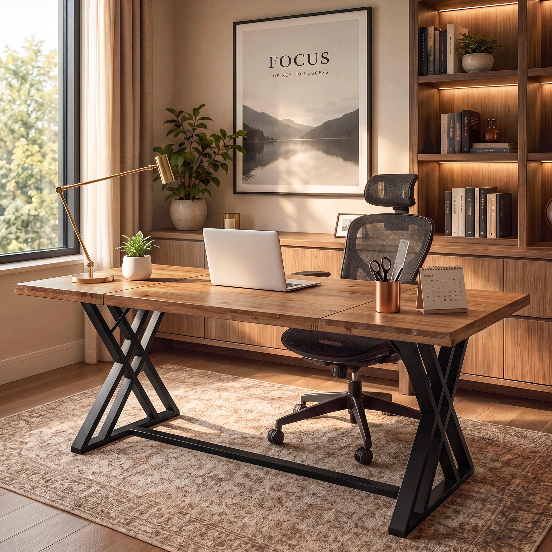 63" Solid Wood Computer Desk, Farmhouse Home Office Table with X-Shaped Metal Frame