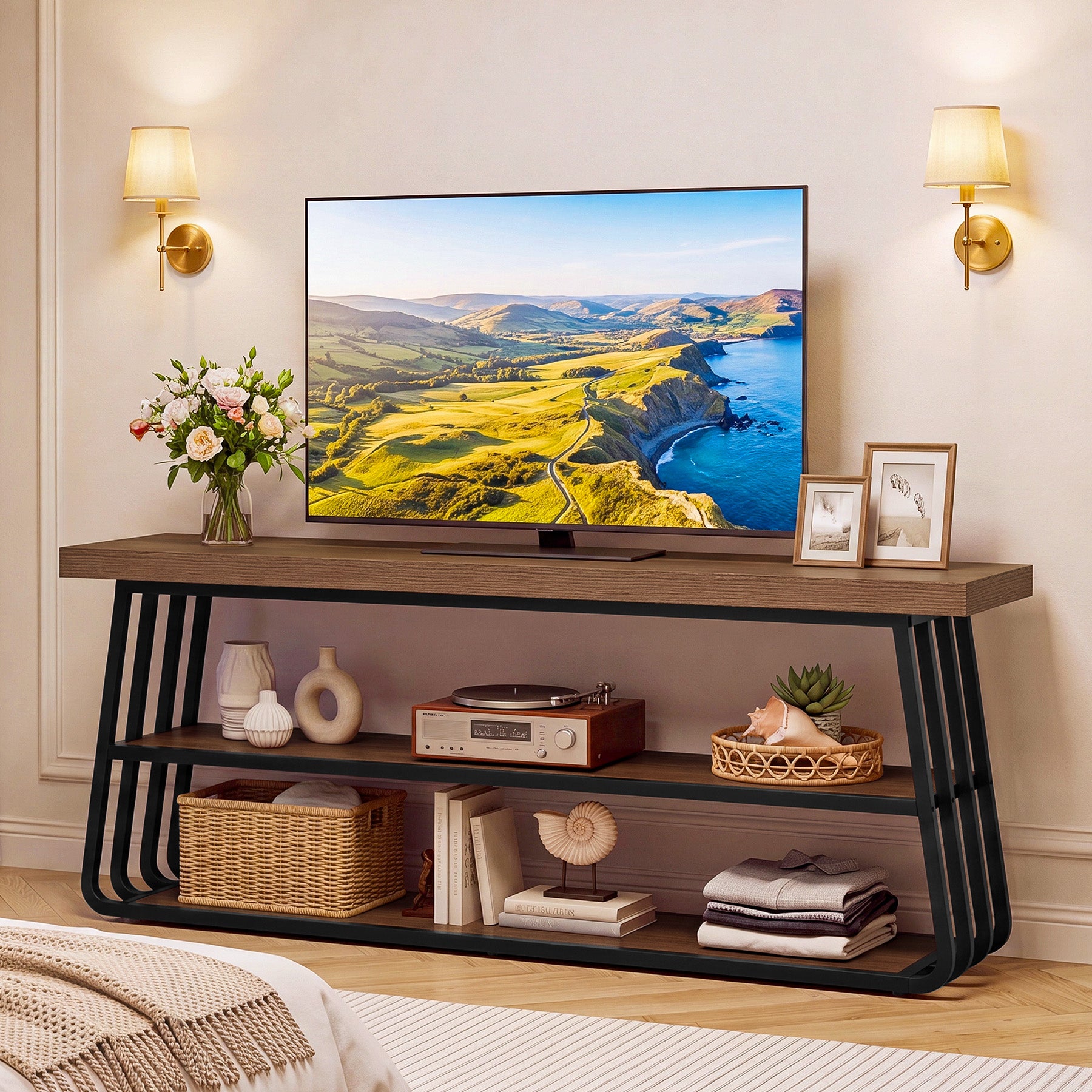 63" TV Stand for 55-75" TV, 3-Tier Entertainment Media Console with Metal Frame for Living Room