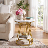 Round End Table, 2-Tier Accent Side Table with Faux Marble Veneer & Metal Frame 3