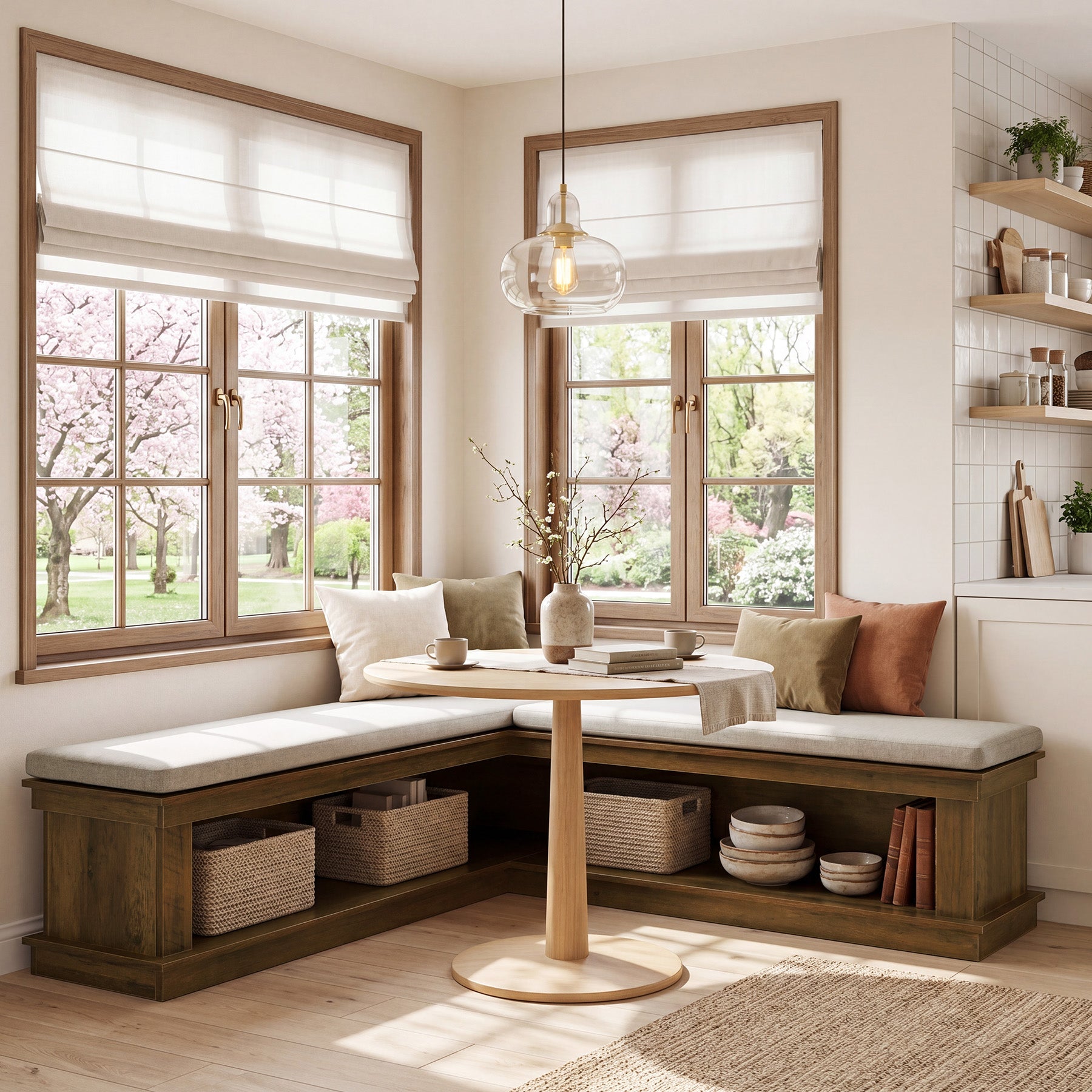 L-Shaped Storage Bench with Cushion, 63" Entryway Shoe Bench with Open Shelves