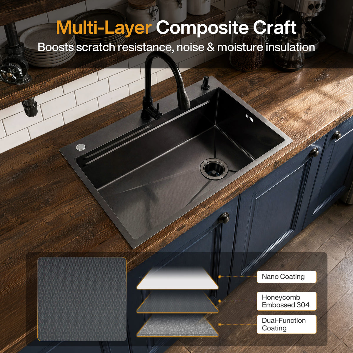 33x22 Inch Drop-In Kitchen Sink, 10" D Stainless Steel Sink w/Faucet, Nano Coating, Multiple Accessories