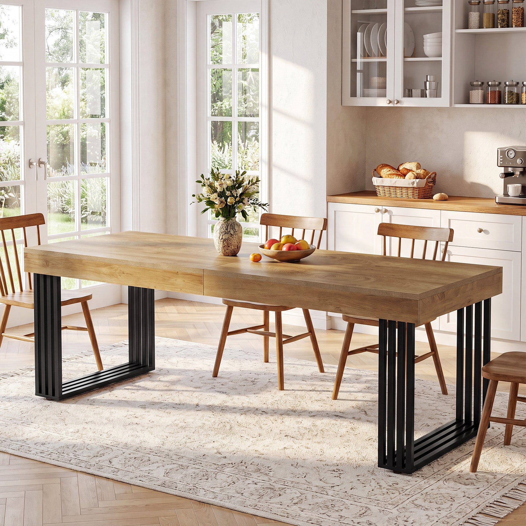 79" Large Dining Table with Metal Frame, Wood Kitchen Table for 6-8